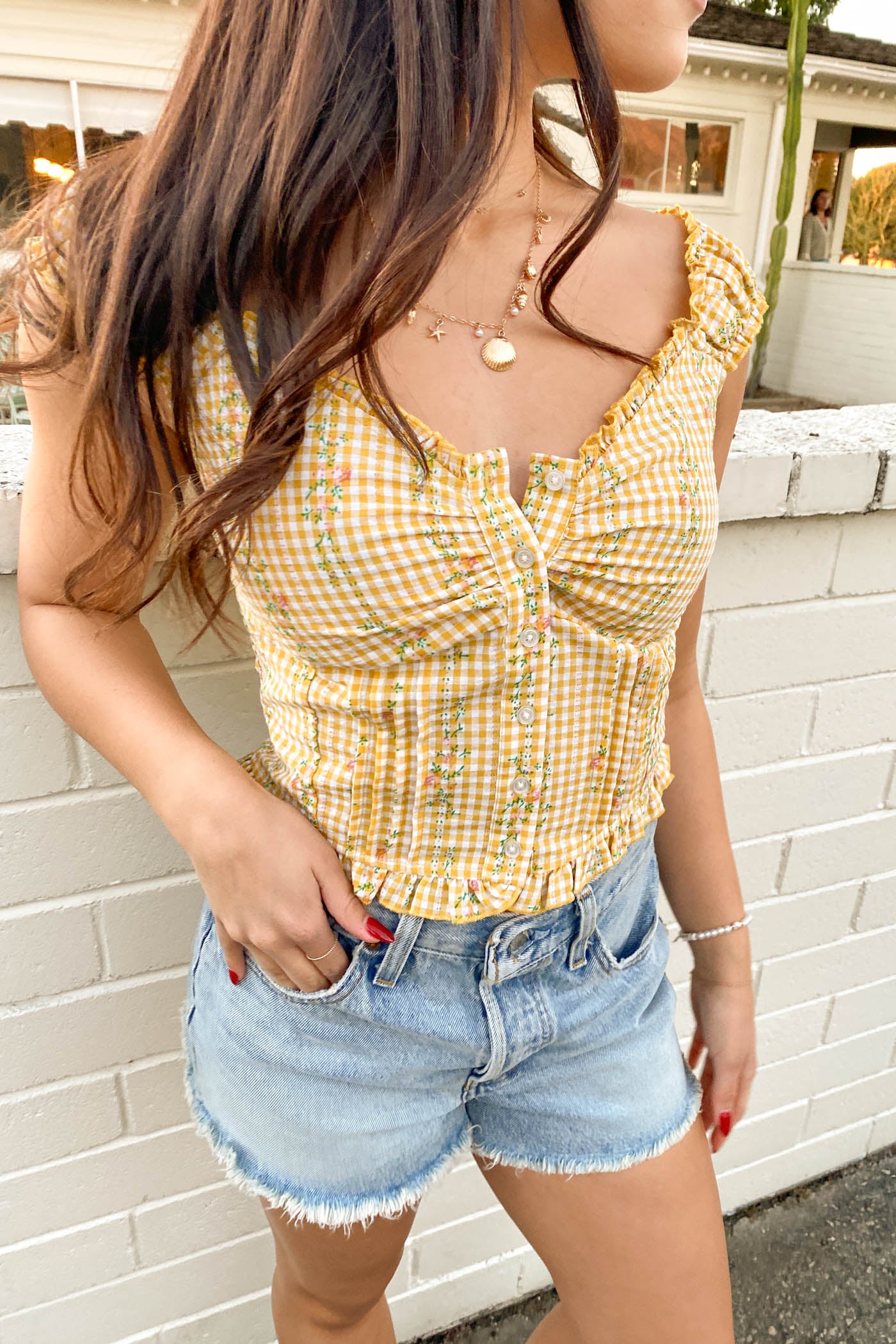 Gingham Floral Cap Sleeve Top