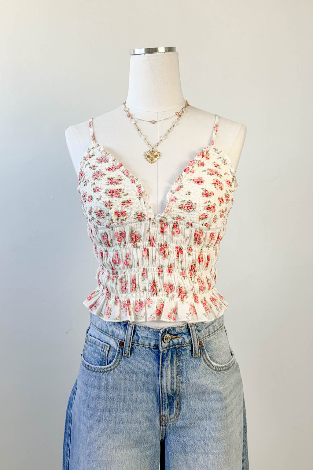 Dark Green Floral Embroidered Smocked Strapless Camisole Top main image 1