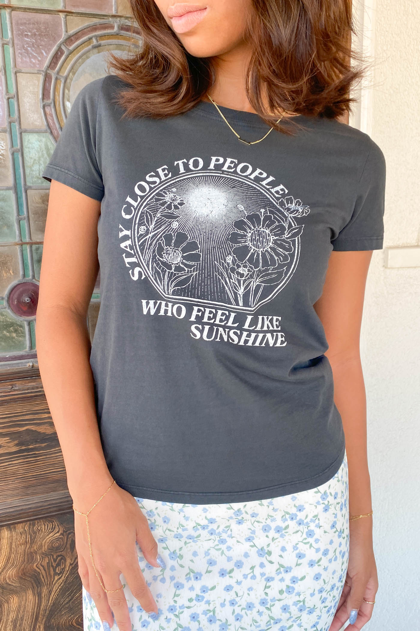 Stay Close Long Line Graphic Baby Tee