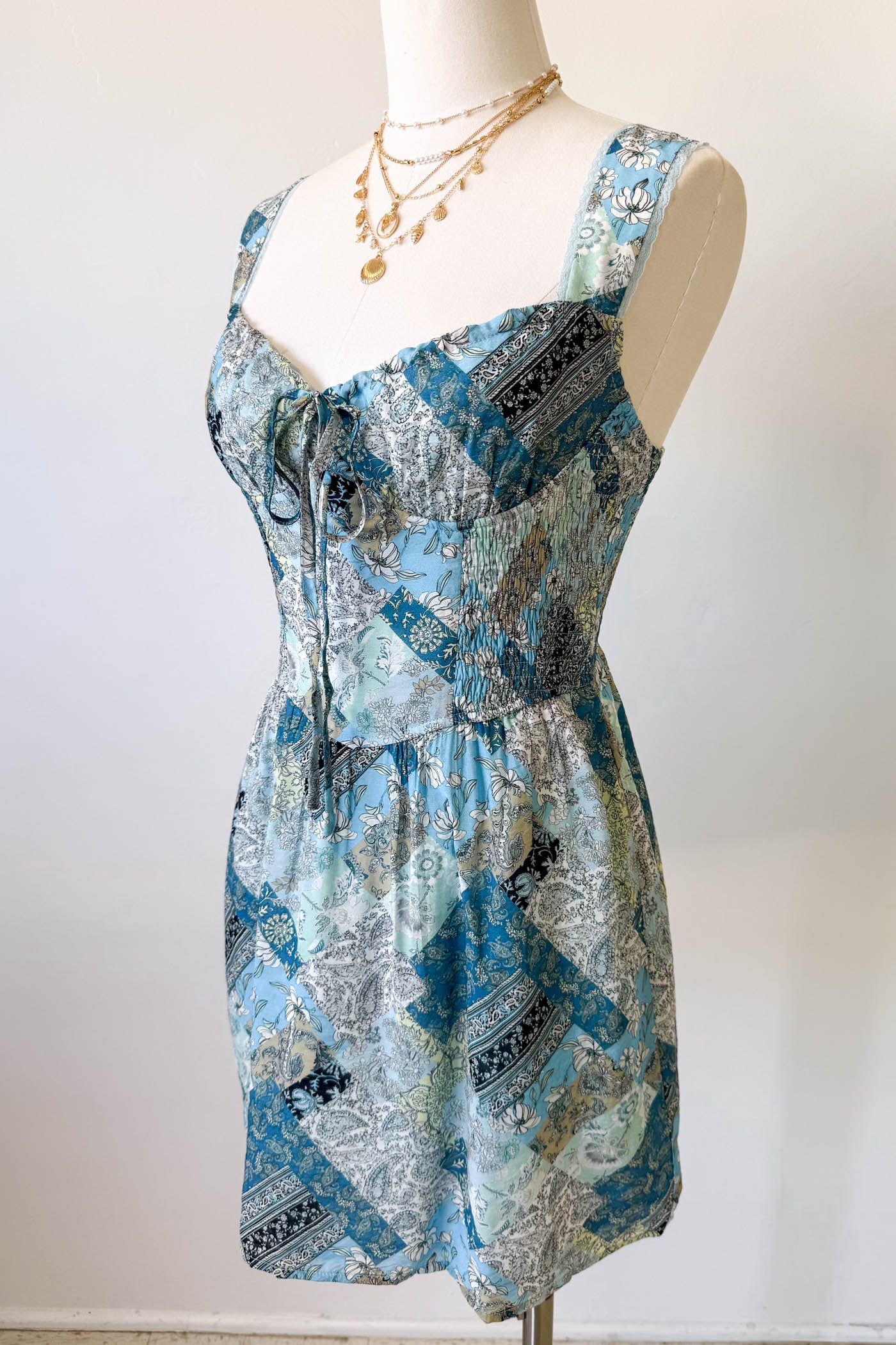 Blue Patchwork Print Mini Dress