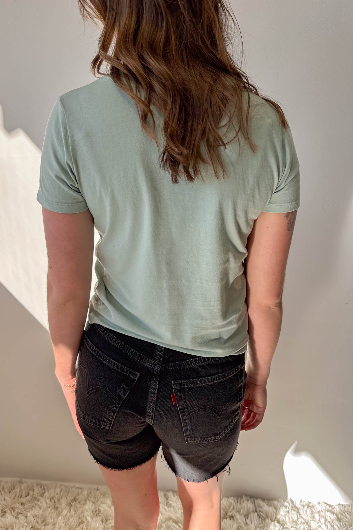 Person wearing a light green t-shirt and dark shorts against a plain wall.