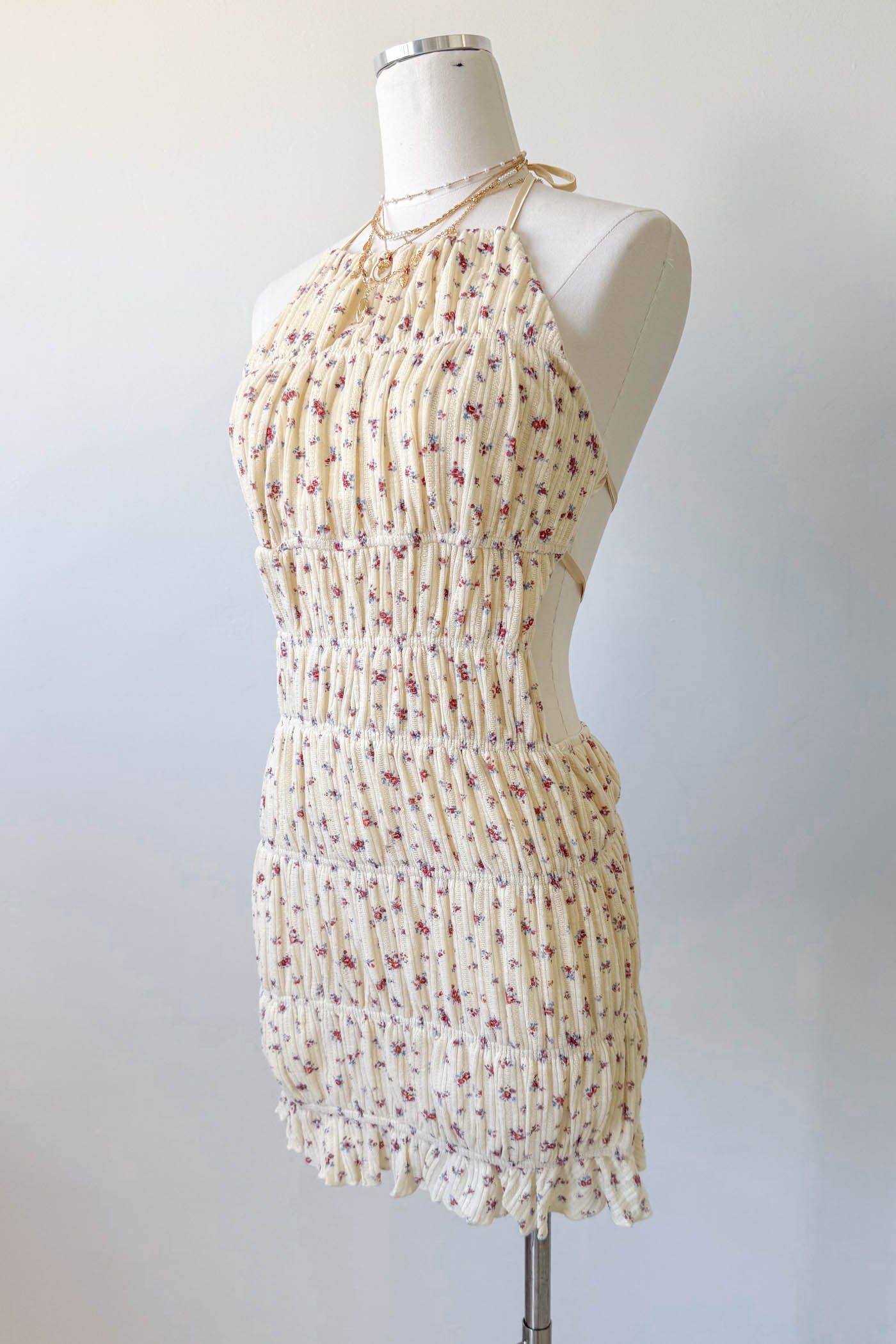 Cream Backless Knit Halter Dress
