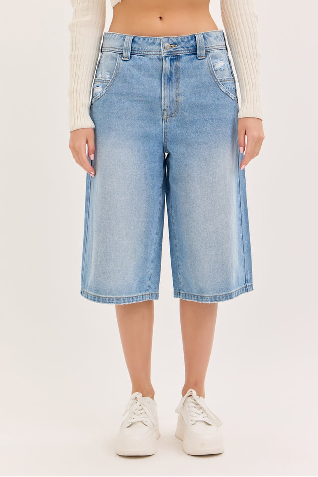 Mid Rise Wide Leg Bermuda Shorts