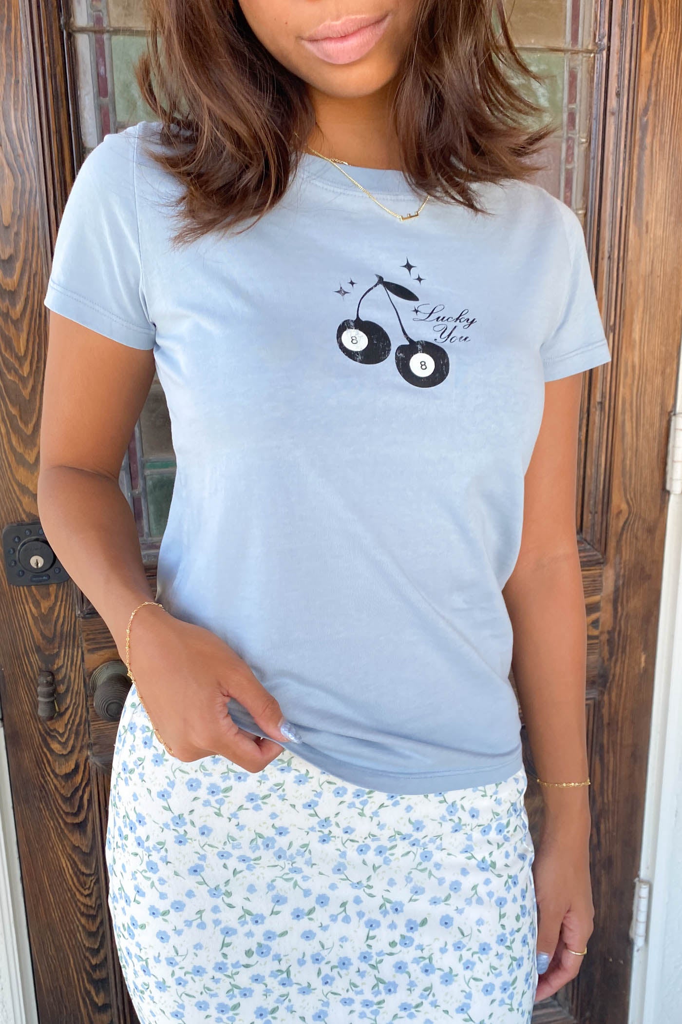 8 Ball Lucky You Long Line Graphic Baby Tee