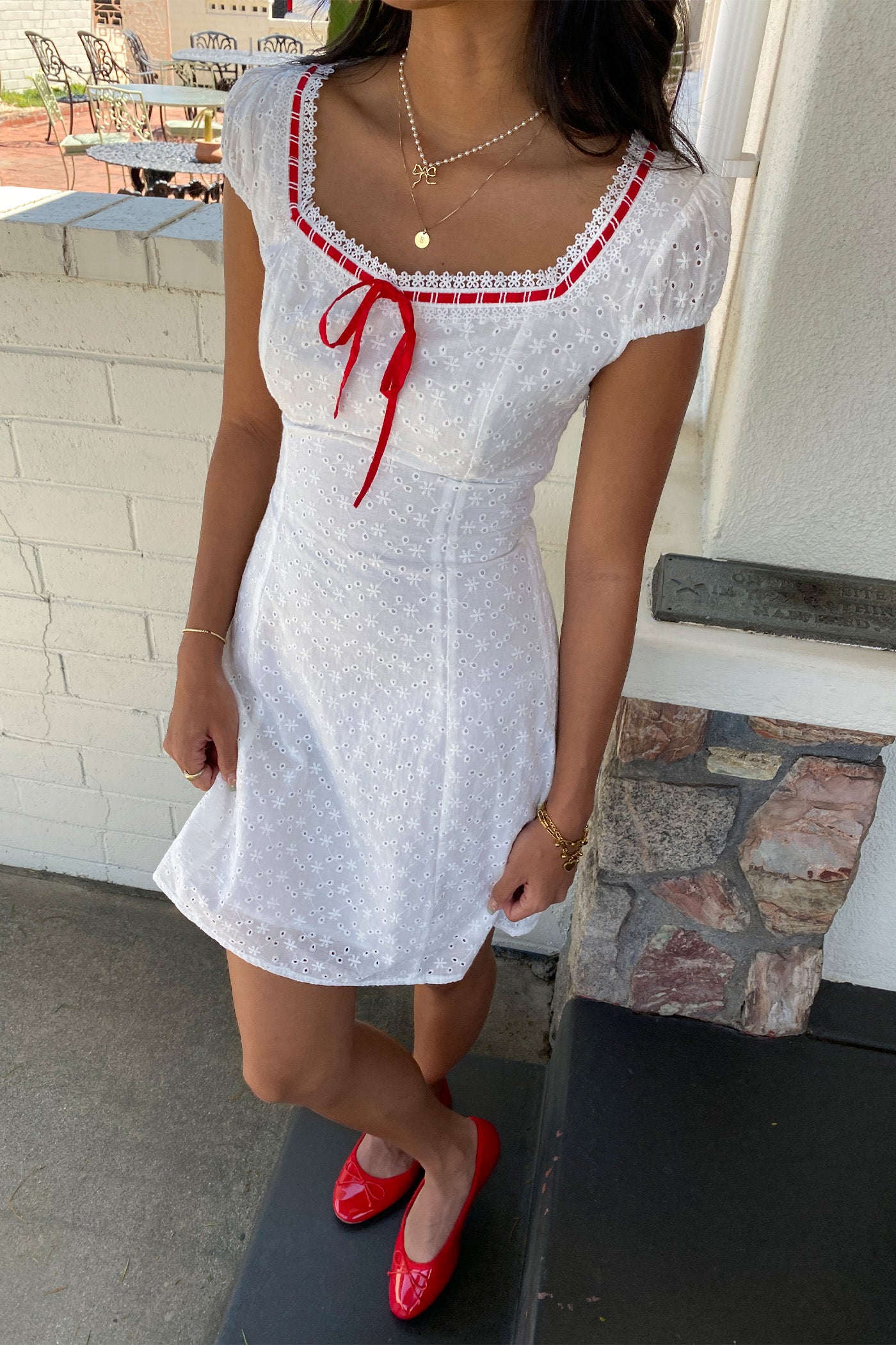 Red Ribbon White Eyelet Mini Dress
