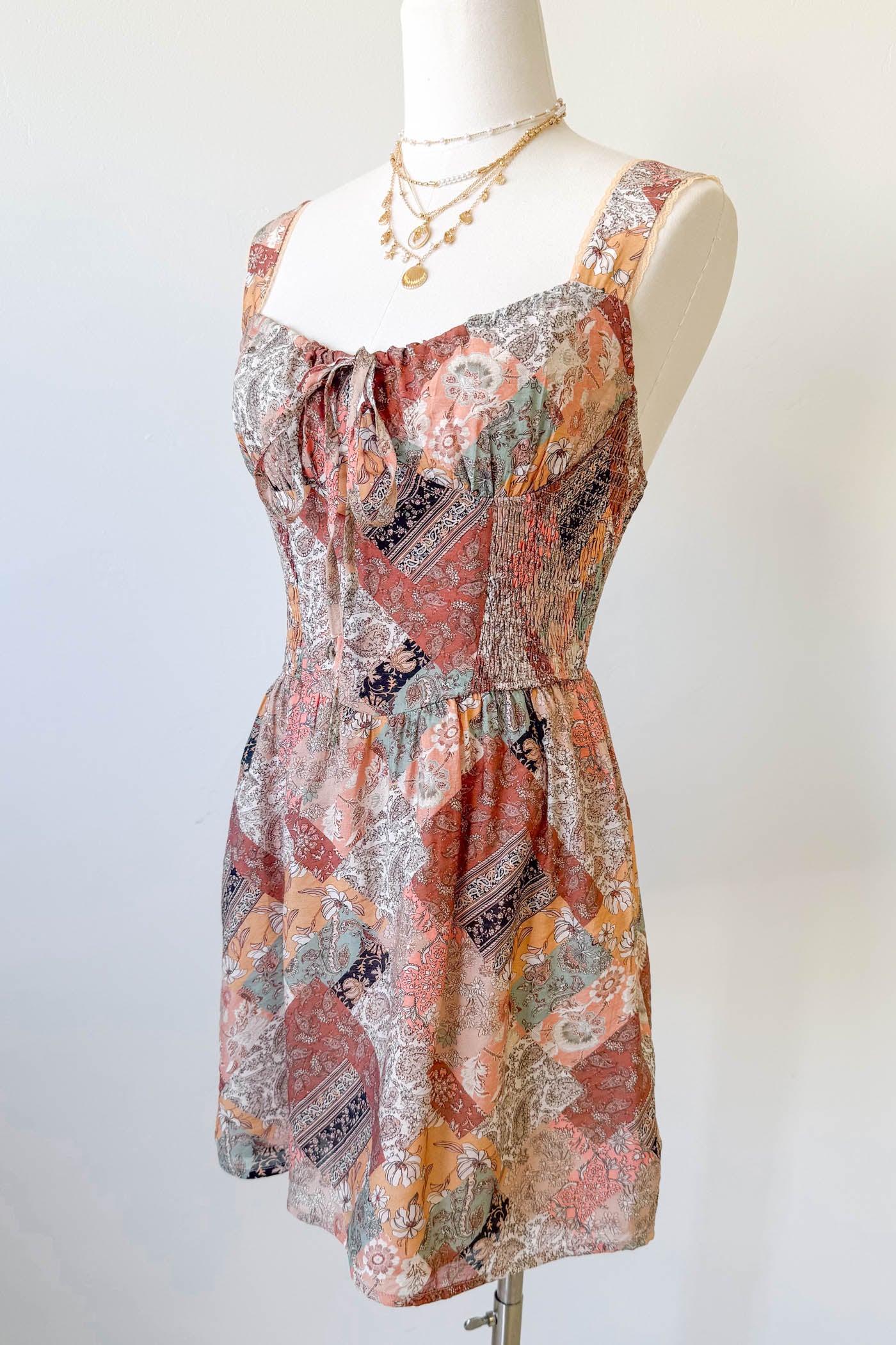 WIne Patchwork Print Mini Dress