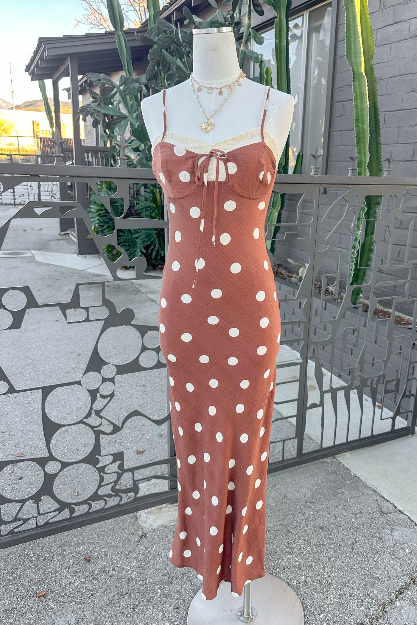Mannequin wearing a Brown Polka Dotted Maxi Dress standing in front of a fence.