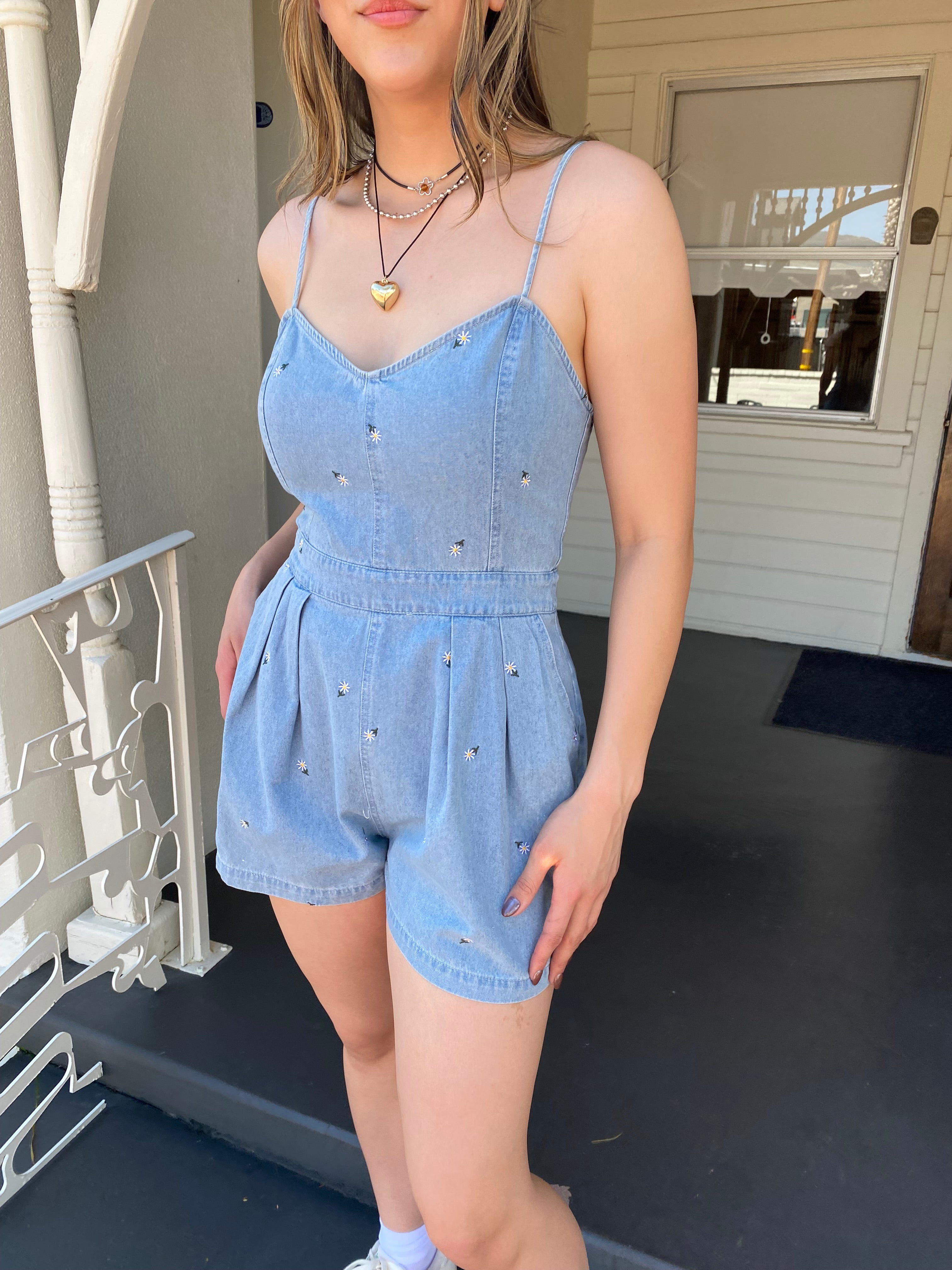 Floral Embroidered Denim Romper by For Good