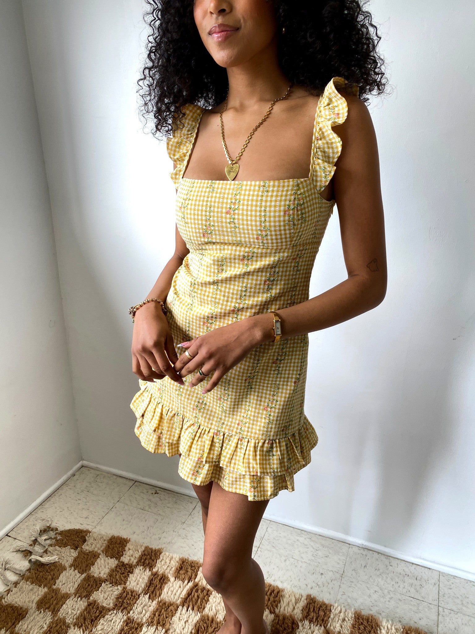 Gingham Floral Ruffle Dress