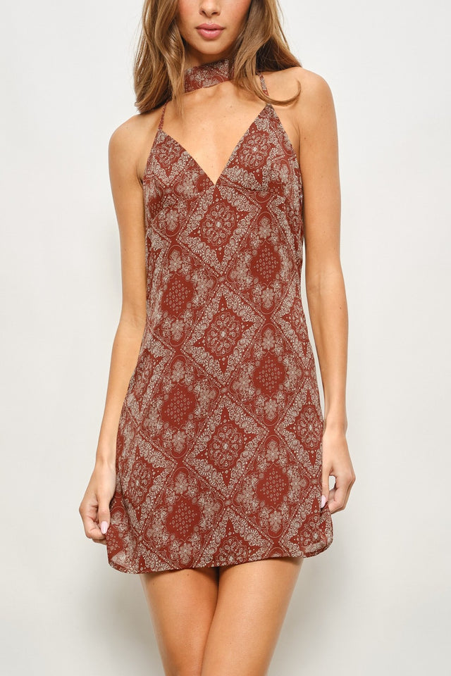 Paisley Scarf Halter Mini Dress