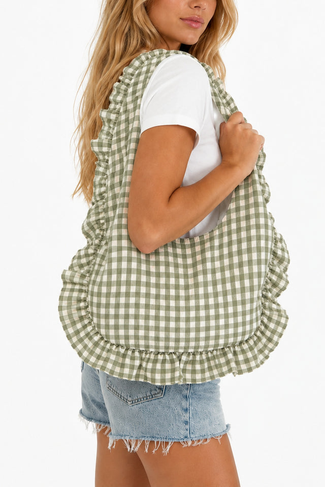 Ruffle Gingham Tote Bag