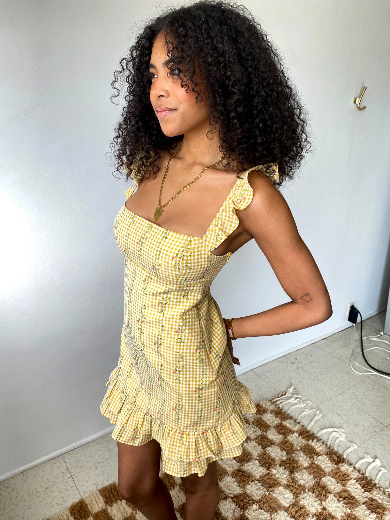 Gingham Floral Ruffle Dress