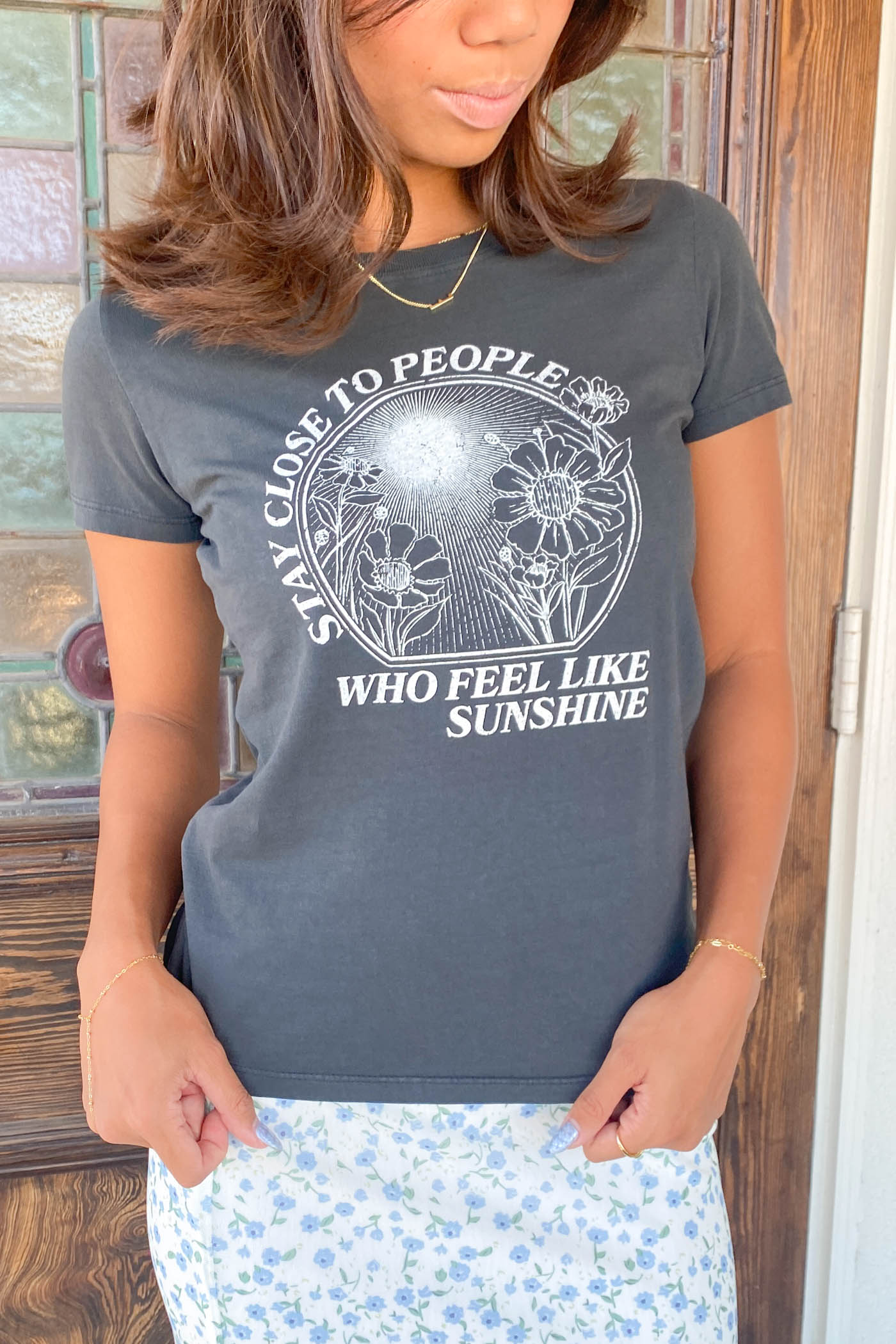 Stay Close Long Line Graphic Baby Tee
