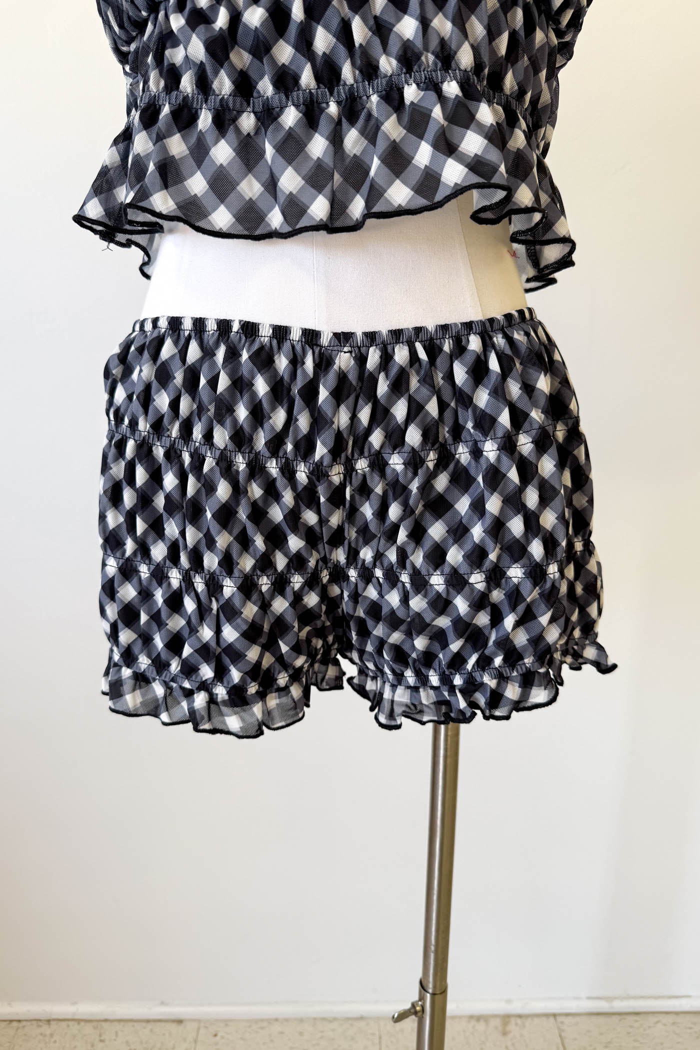 Black Mesh Checkered Ruffle Shorts