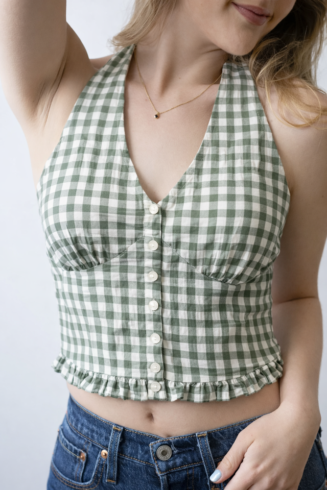 Gingham Halter Button Top