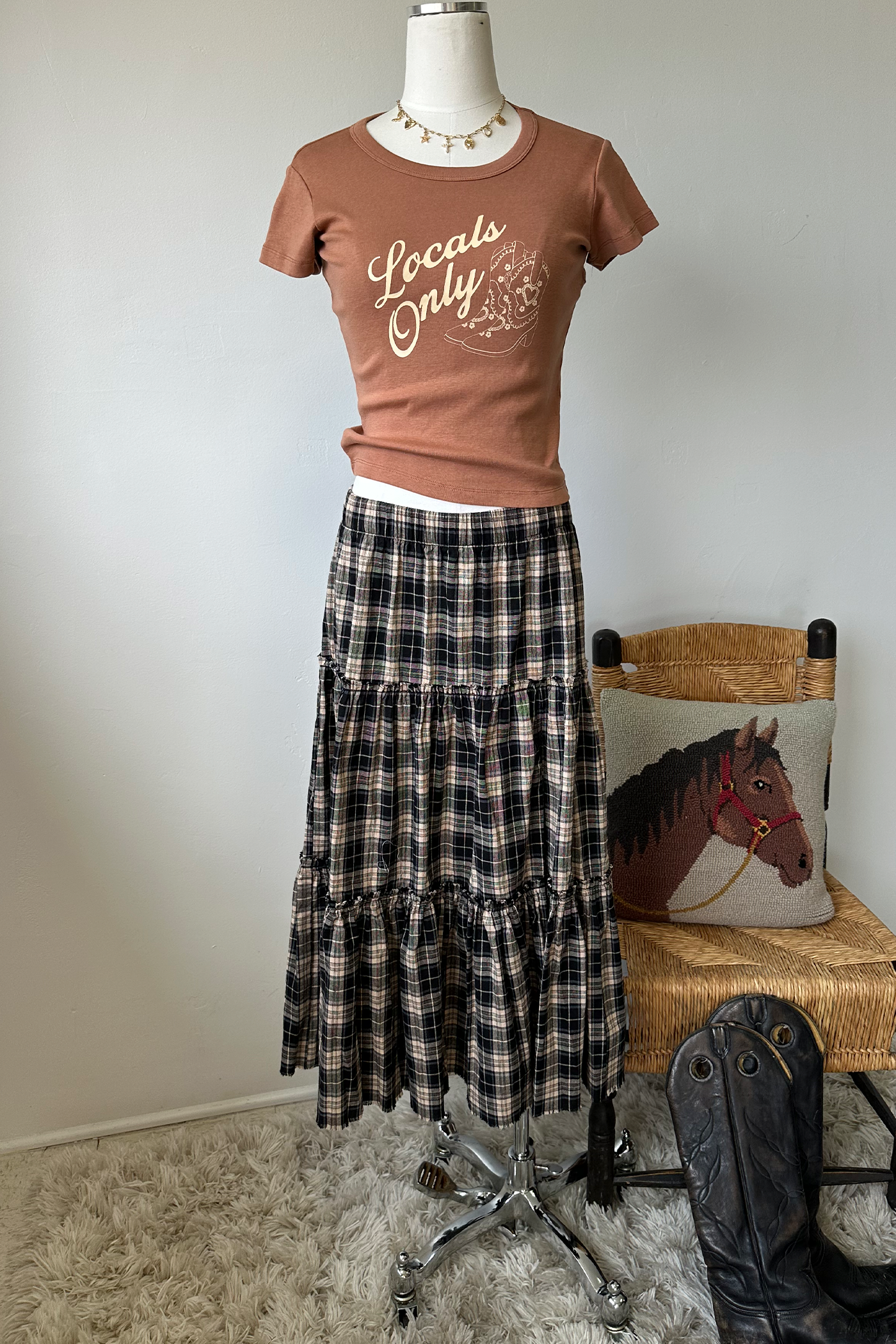 Plaid Tiered Maxi Skirt