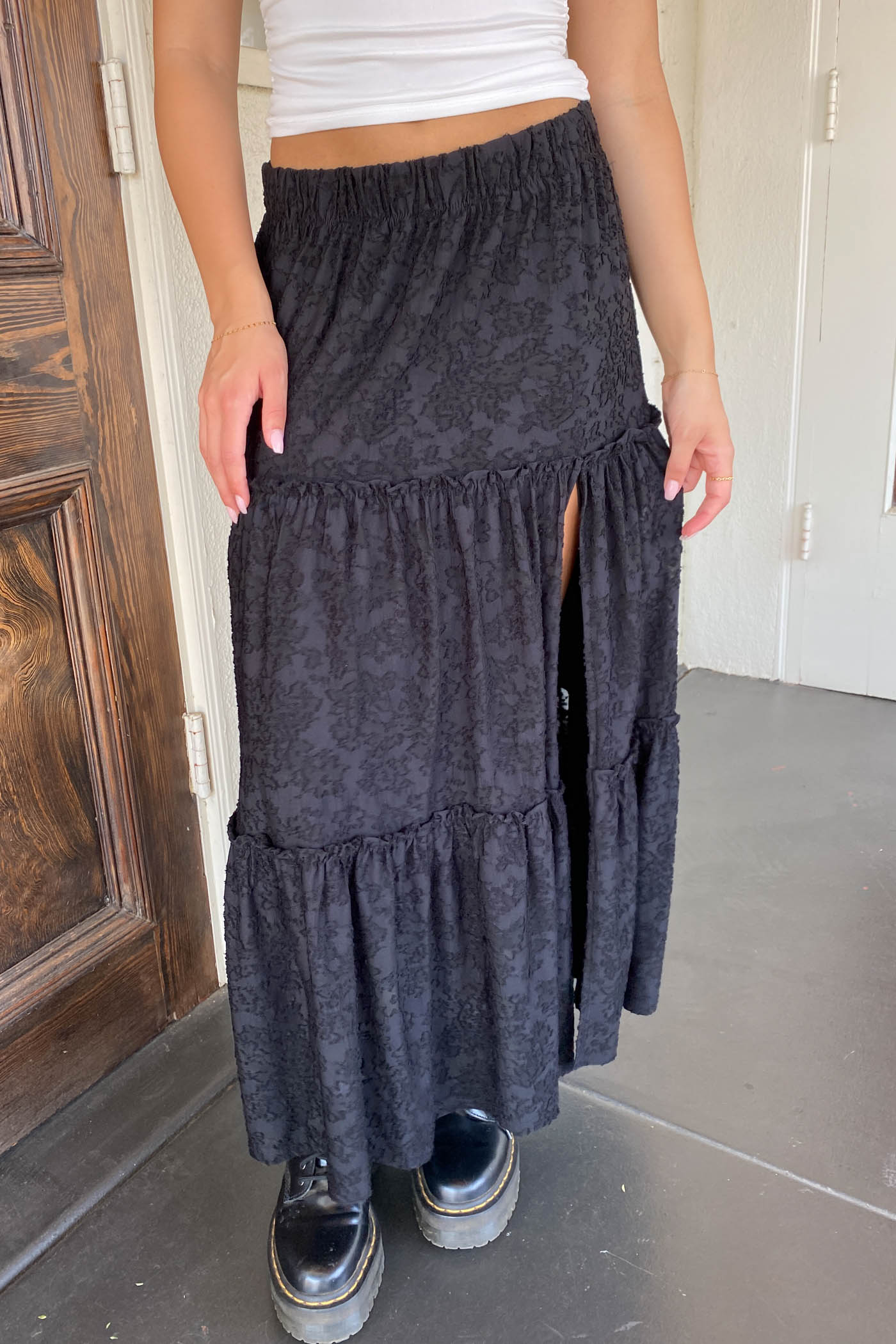 Textured Floral Tiered Maxi Skirt