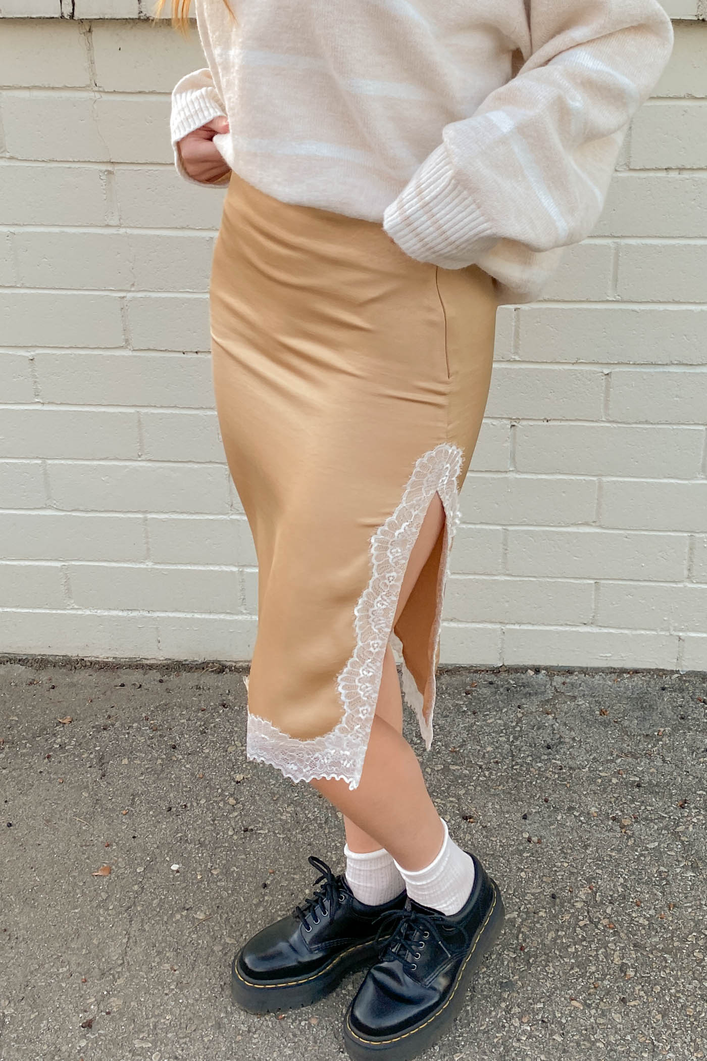 Satin Lace Midi Skirt