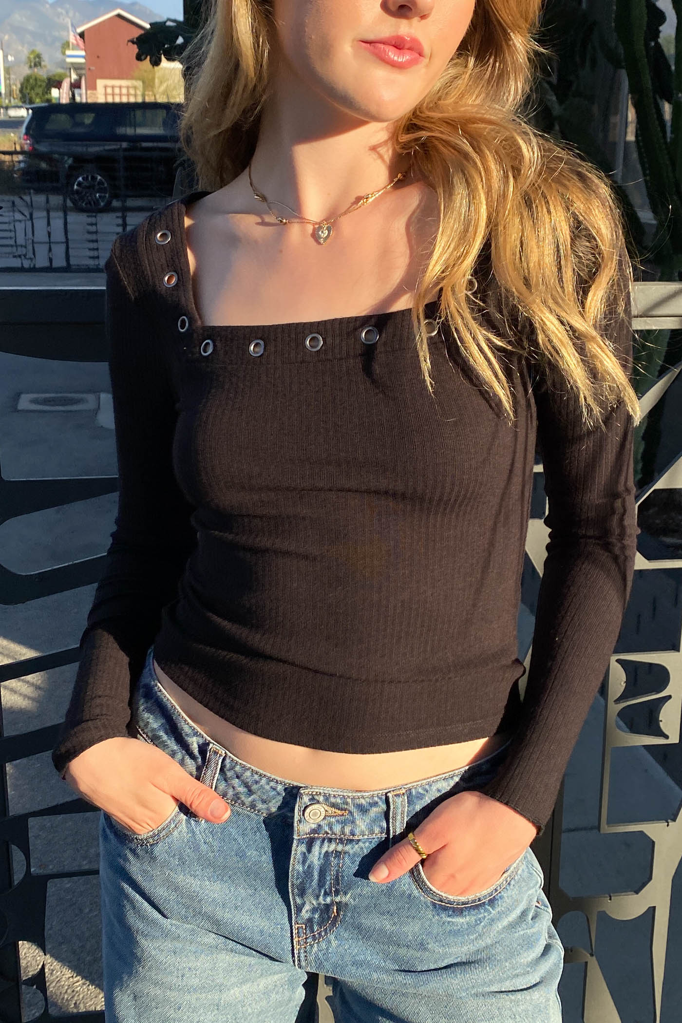 Grommet Long Sleeve Top