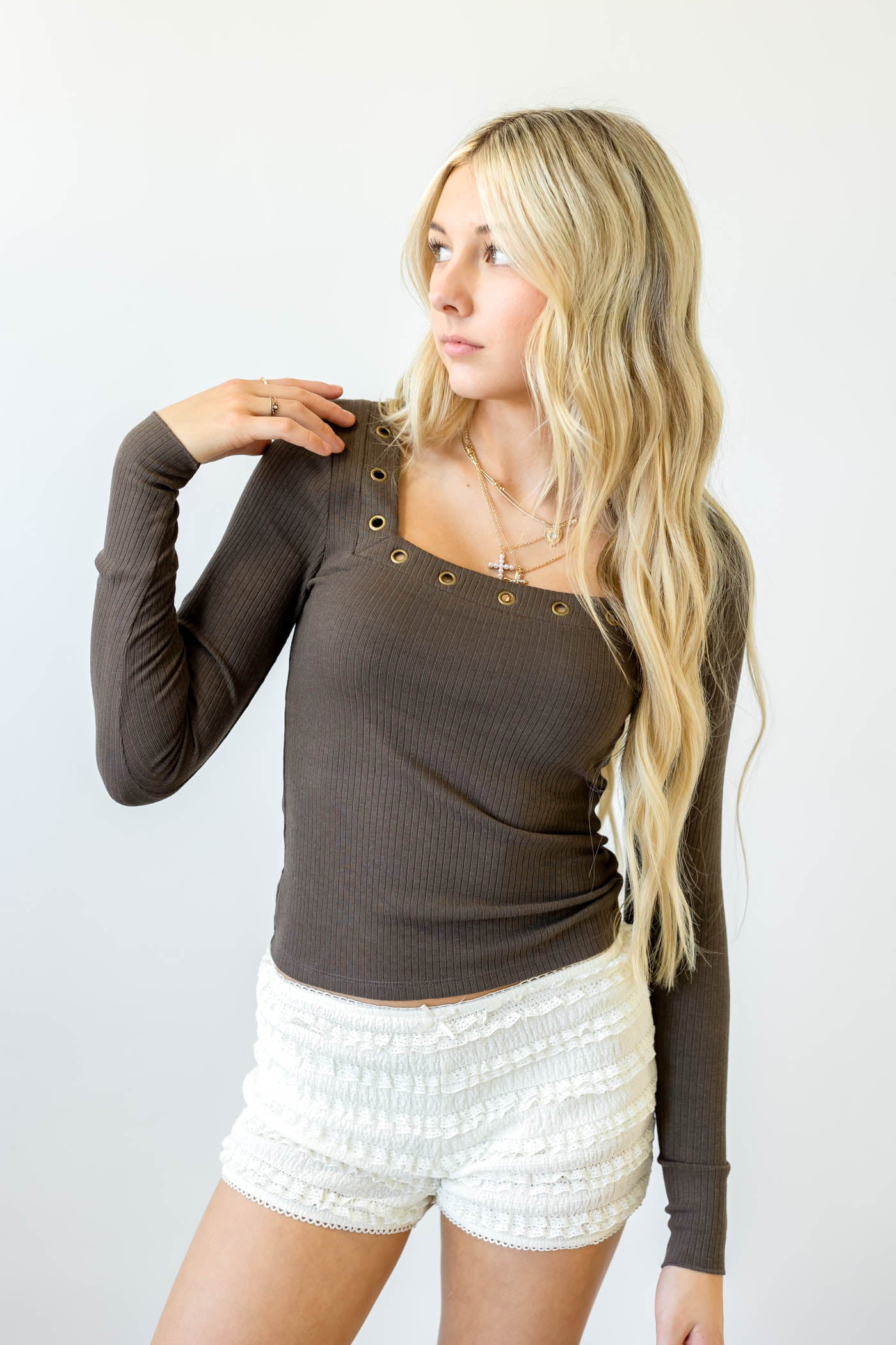 Grommet Long Sleeve Top