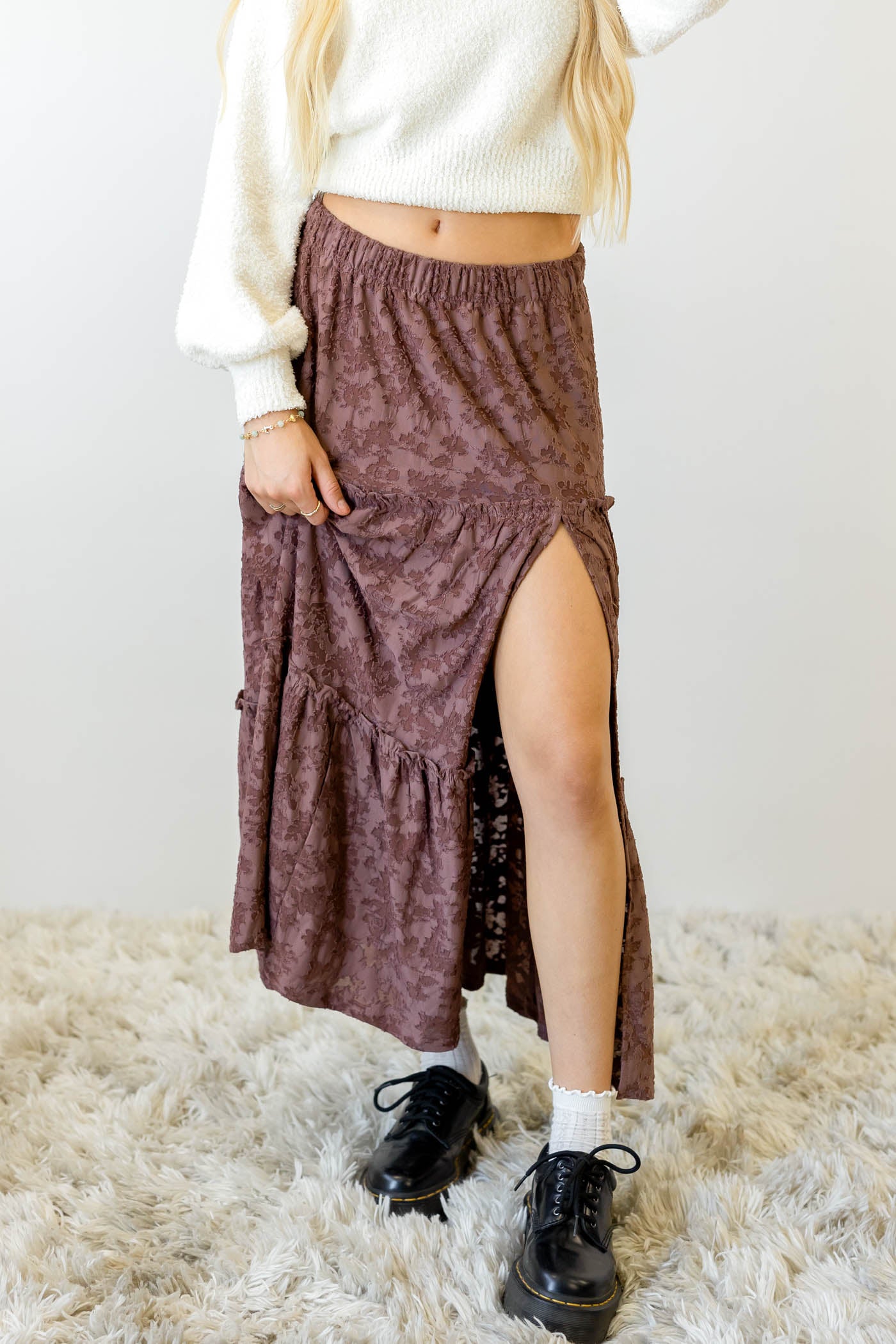 Textured Floral Tiered Maxi Skirt