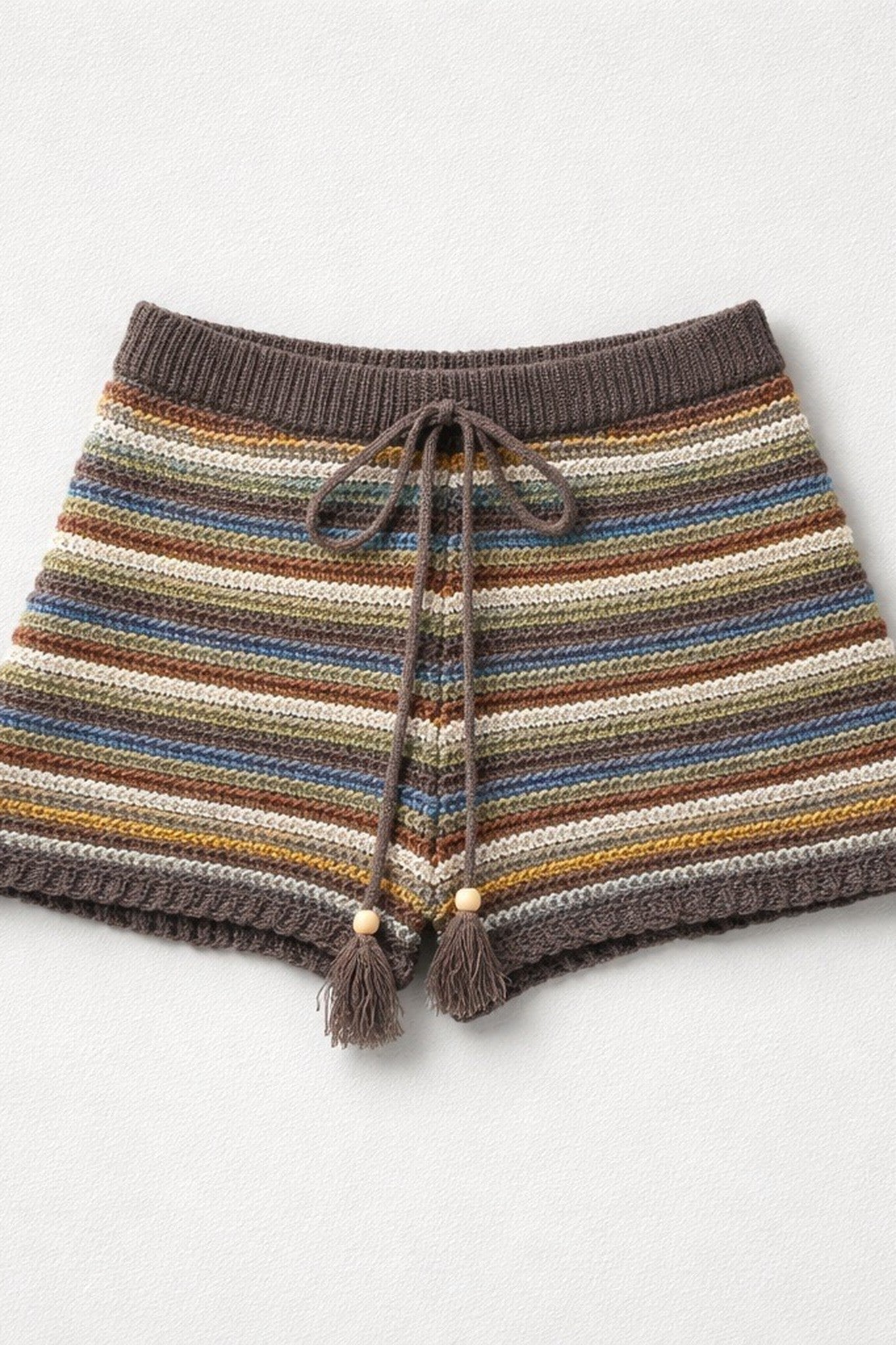 Striped knit shorts with a drawstring on a white background