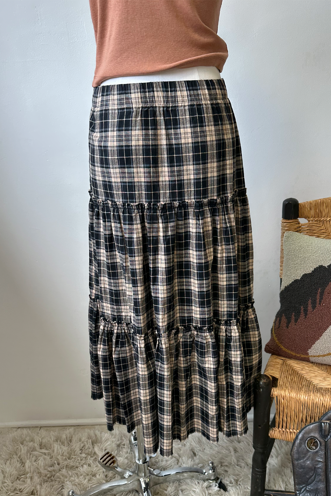 Plaid Tiered Maxi Skirt