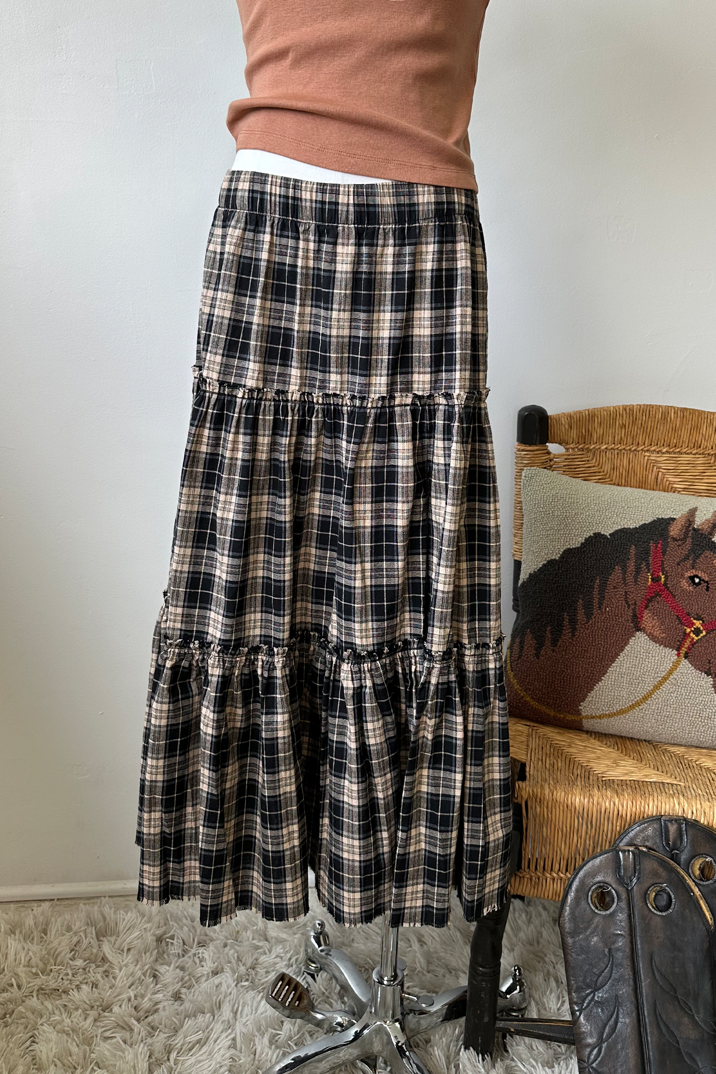 Plaid Tiered Maxi Skirt