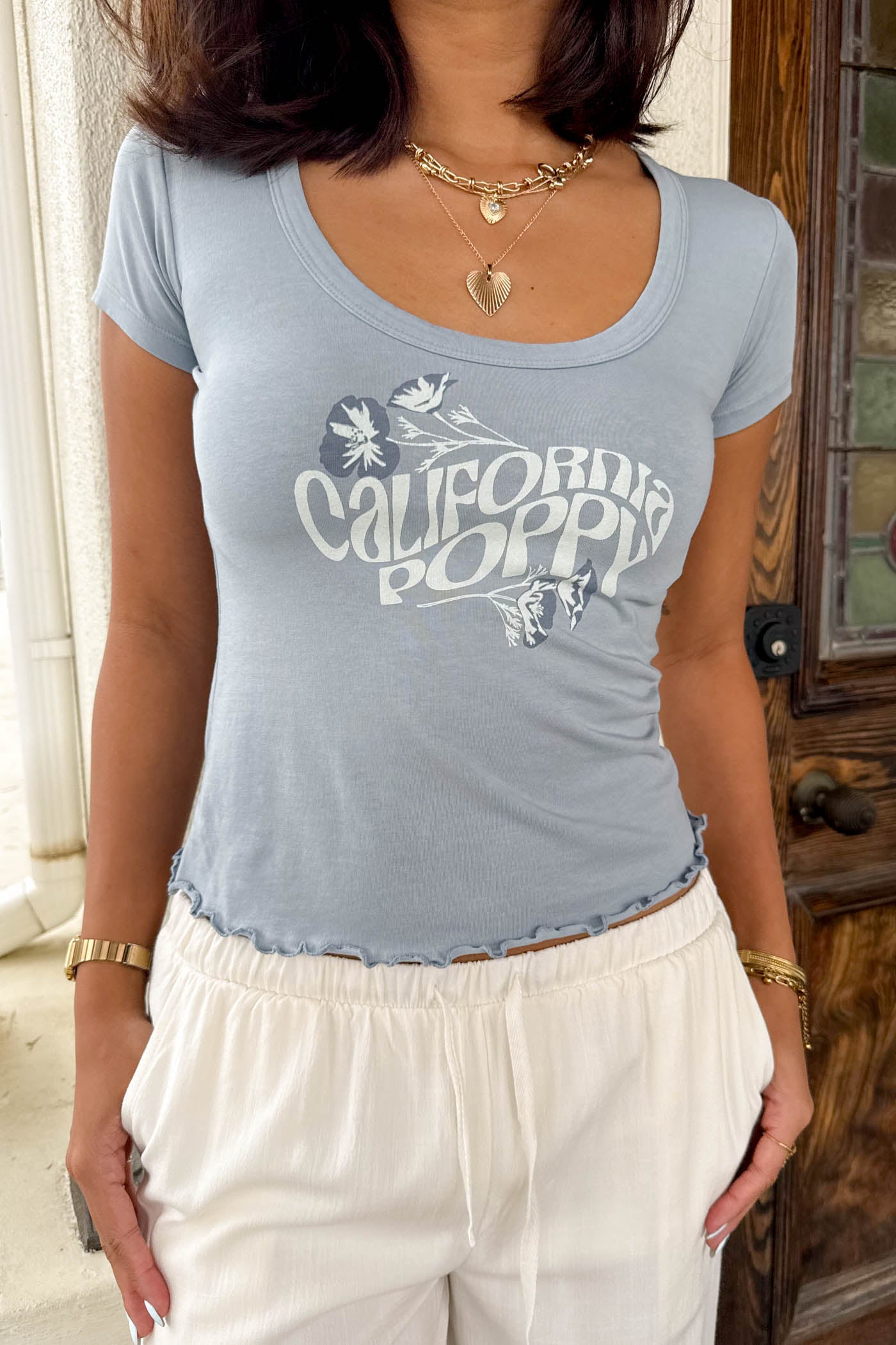 California Poppy Scoop Neck Graphic Baby Tee Blue