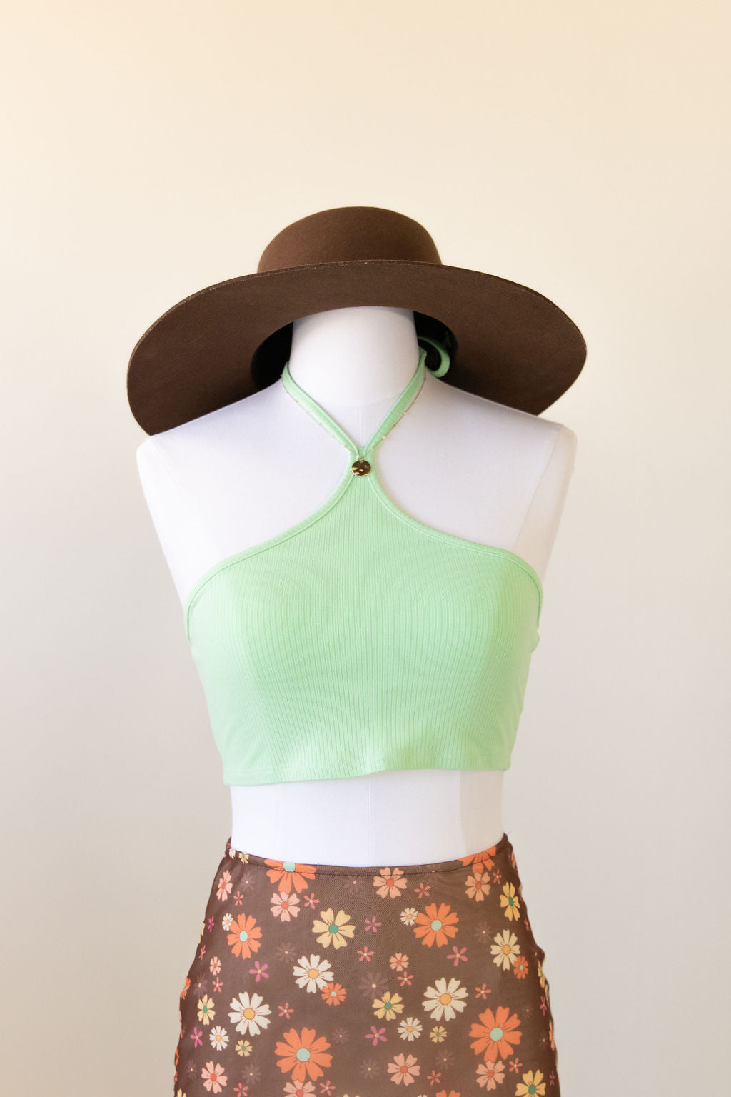 lime ribbed halter crop top