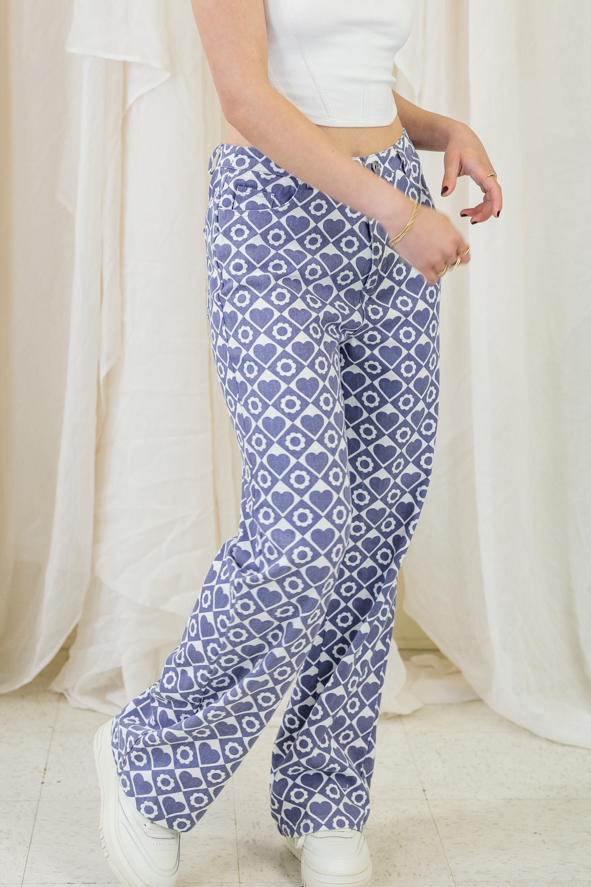 Flowers & Hearts Printed Straight Leg Jeans