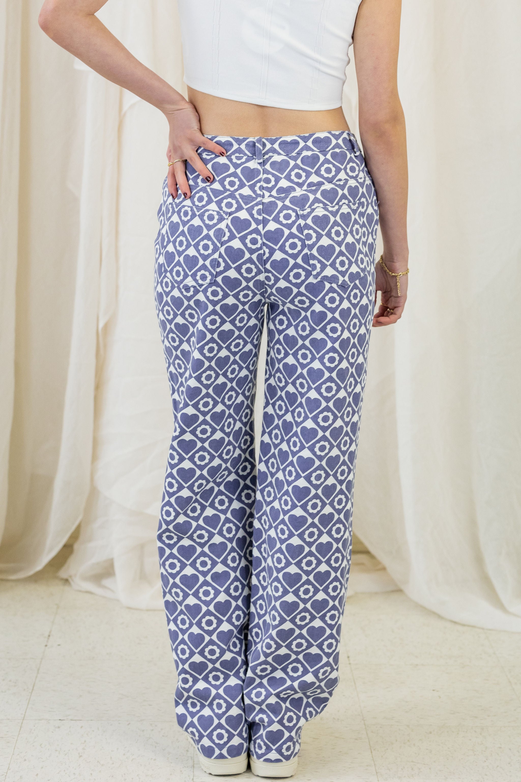Flowers & Hearts Printed Straight Leg Jeans