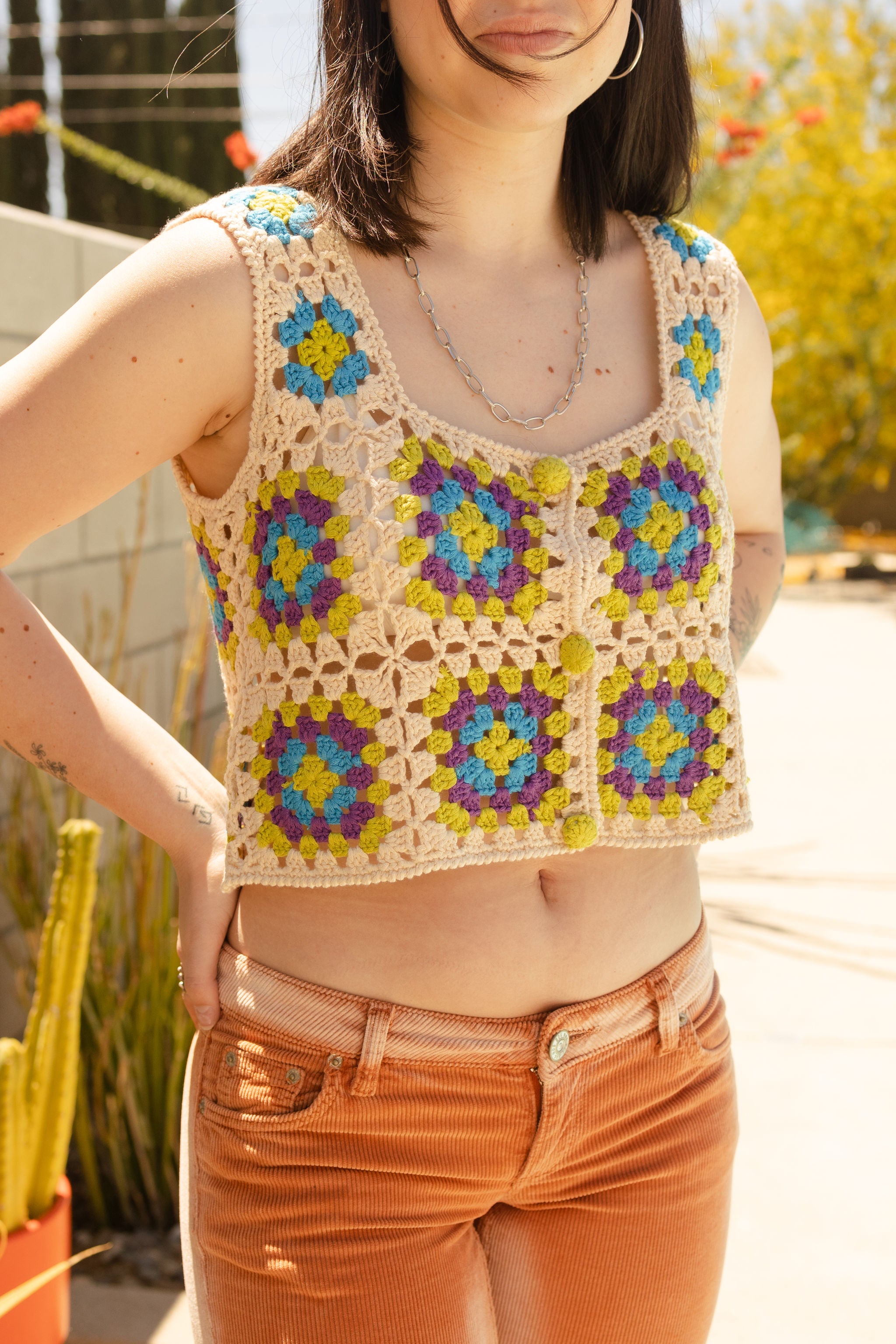 cream/multi-colored crochet crop top
