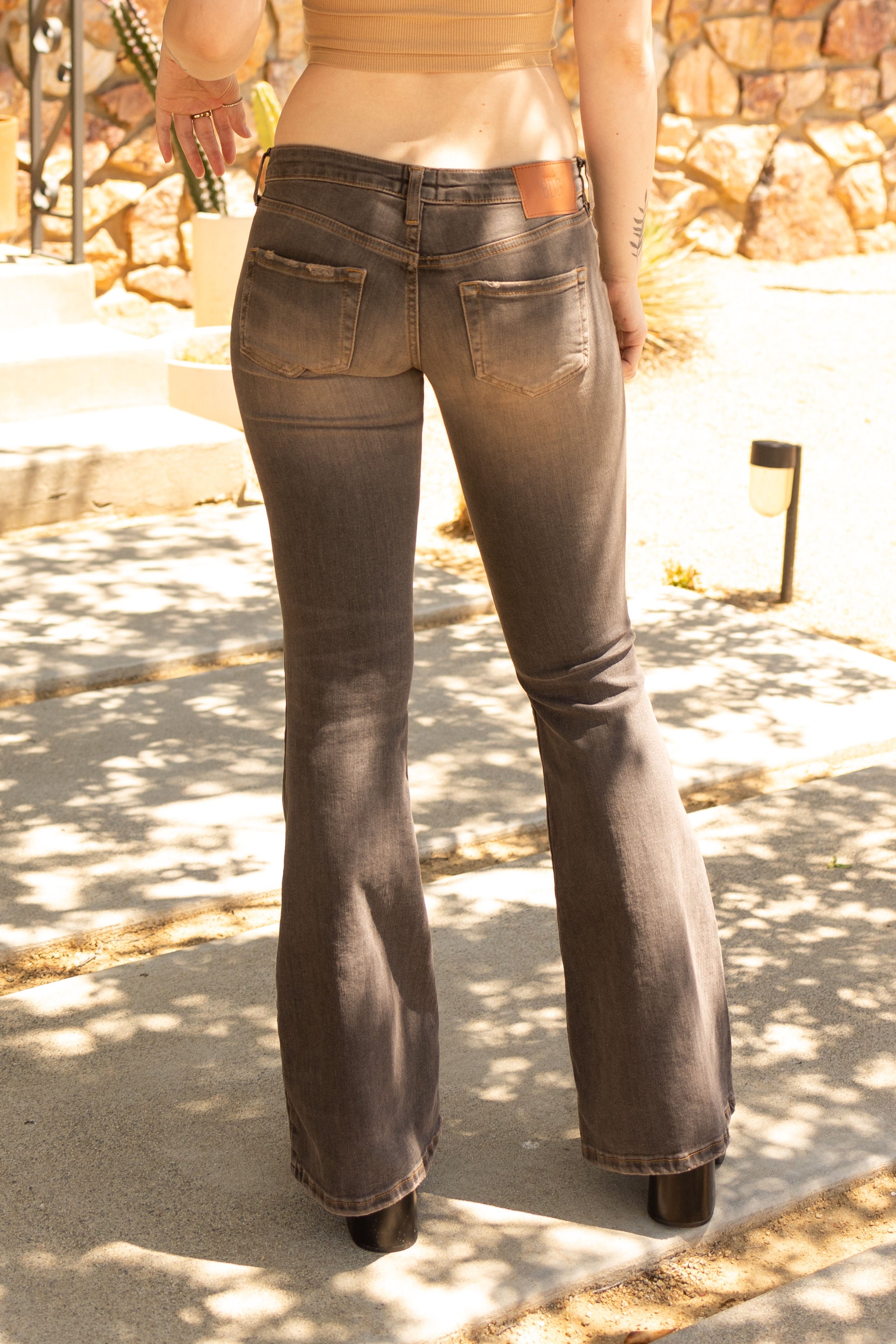 dark wash low rise flare jeans