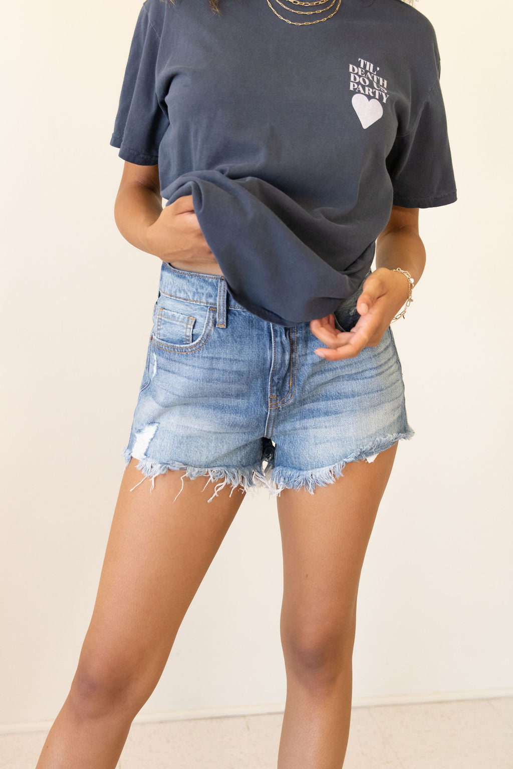 High Rise Distressed Denim Shorts by Nectar Premium Denim