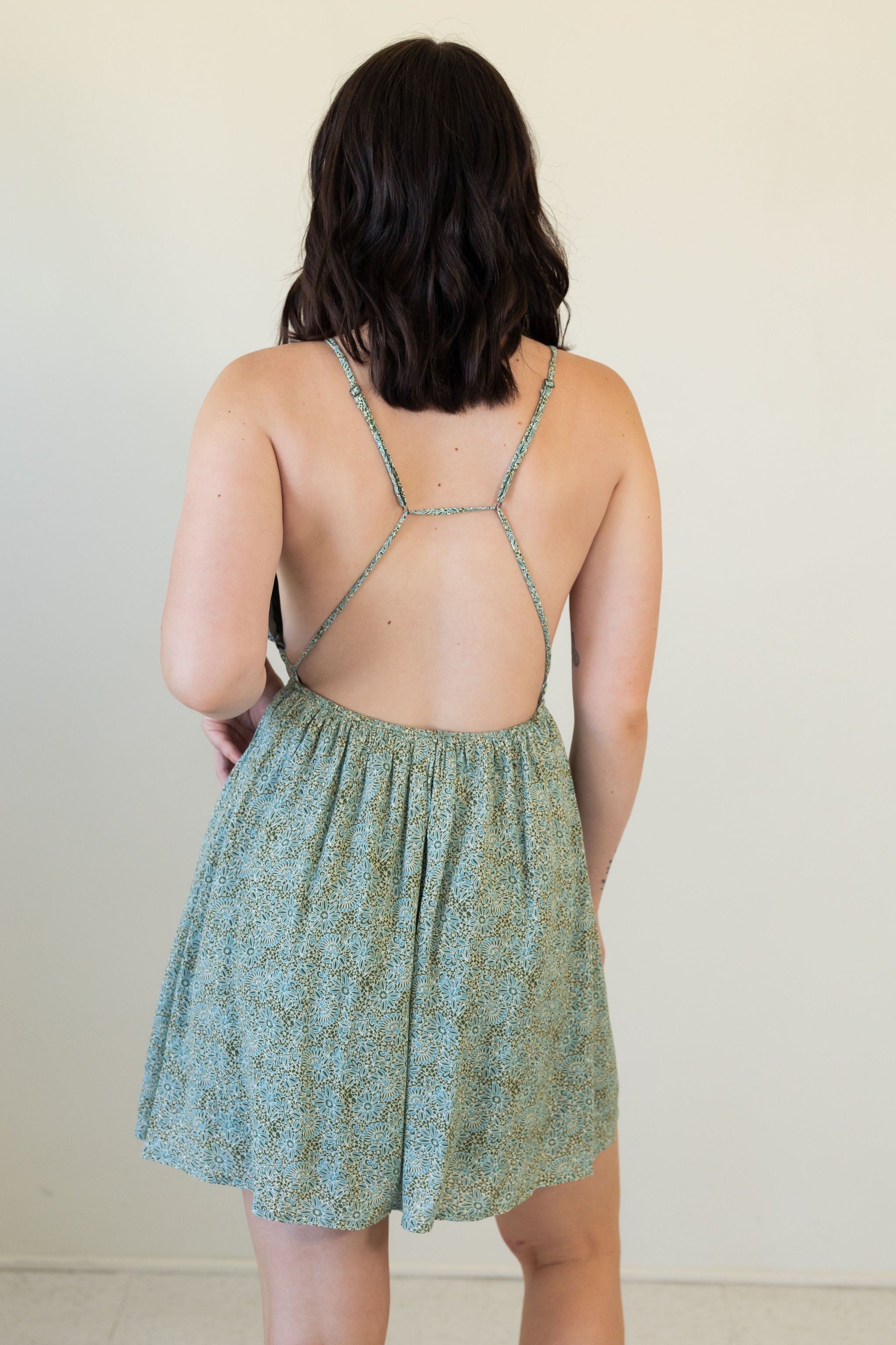 teal floral cami dress with cutouts
