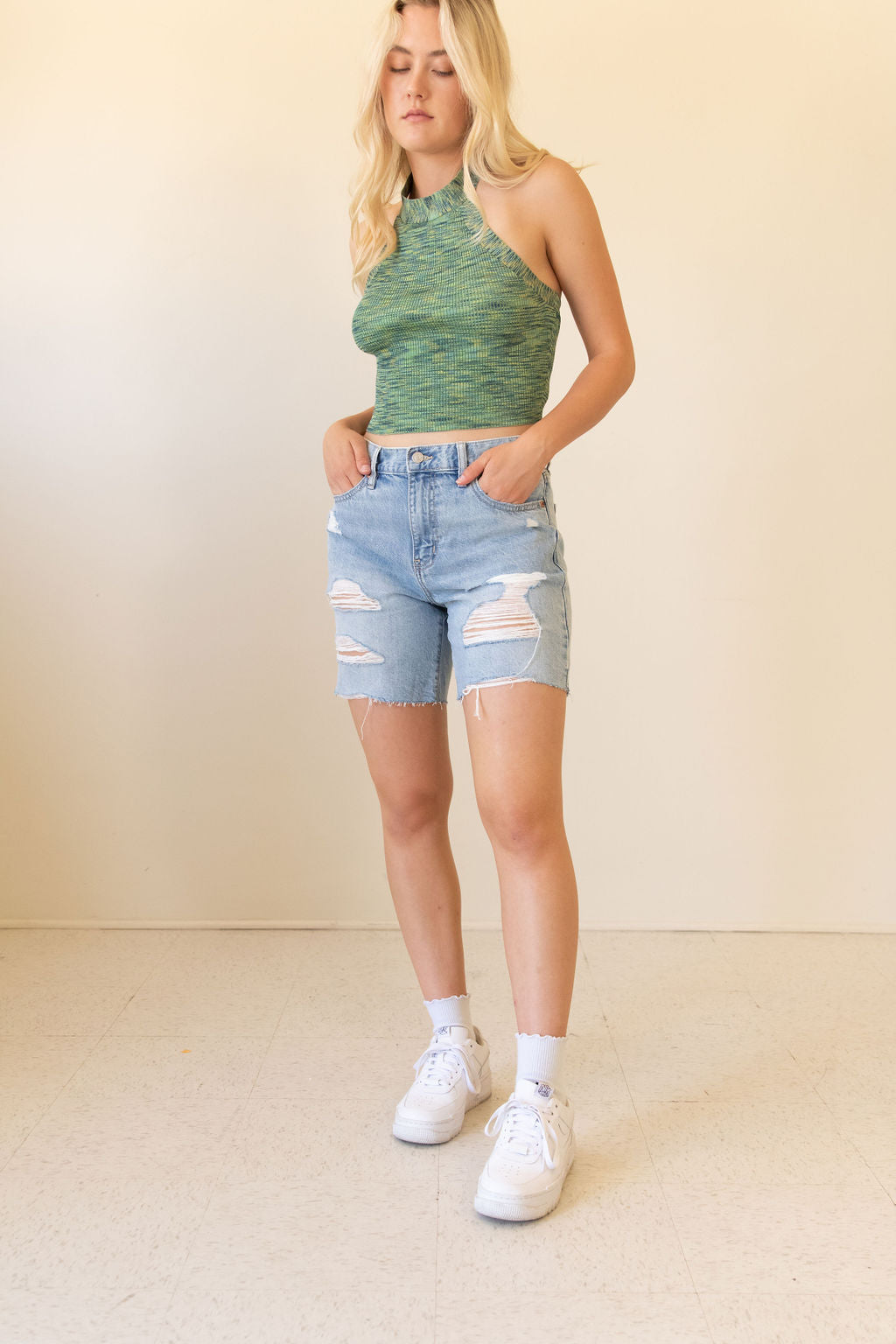 Distressed Mid Thigh Shorts, Inspired Wings Fashion