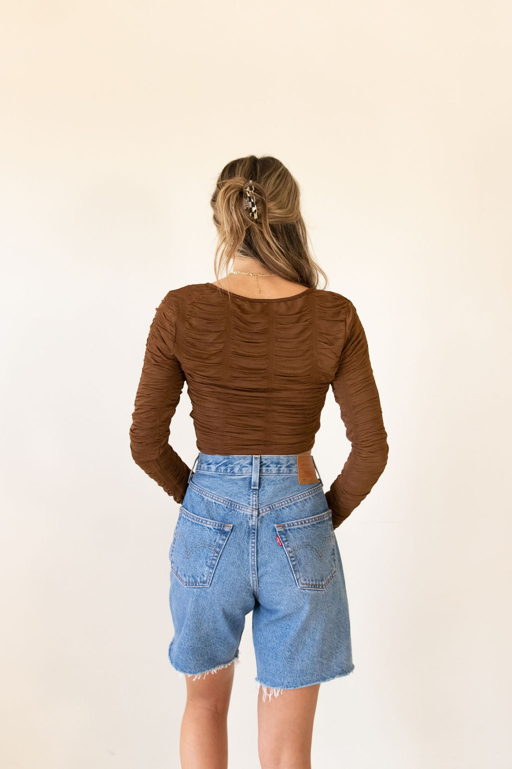 Don't Dare Long Sleeve Rouched Crop Top