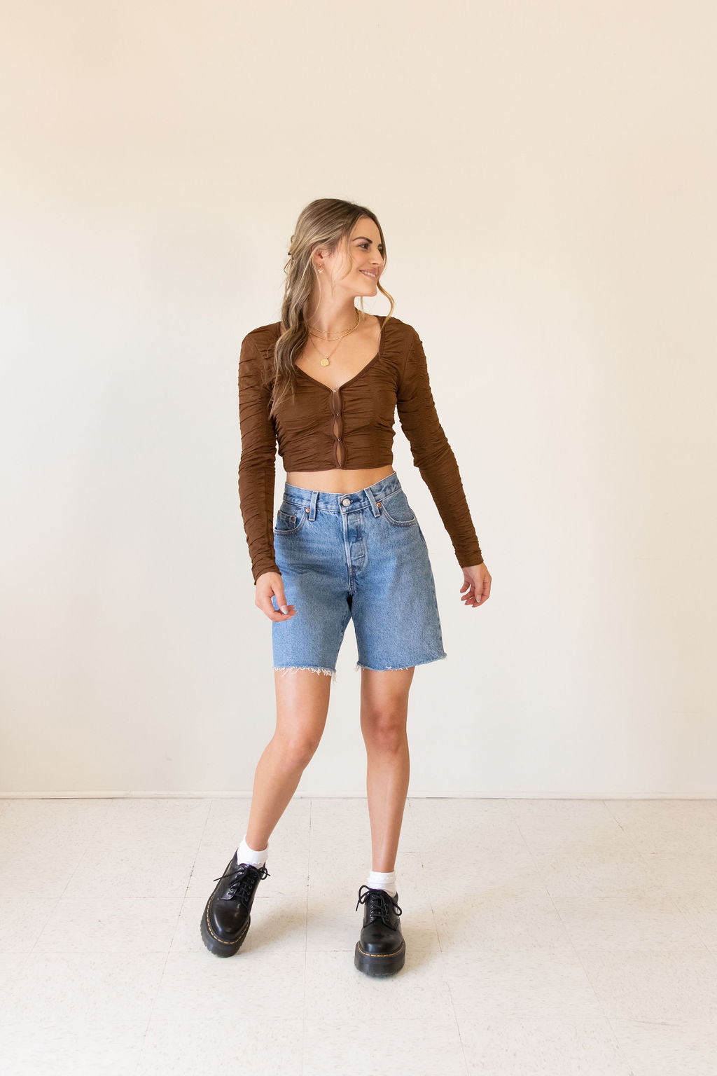 Don't Dare Long Sleeve Rouched Crop Top