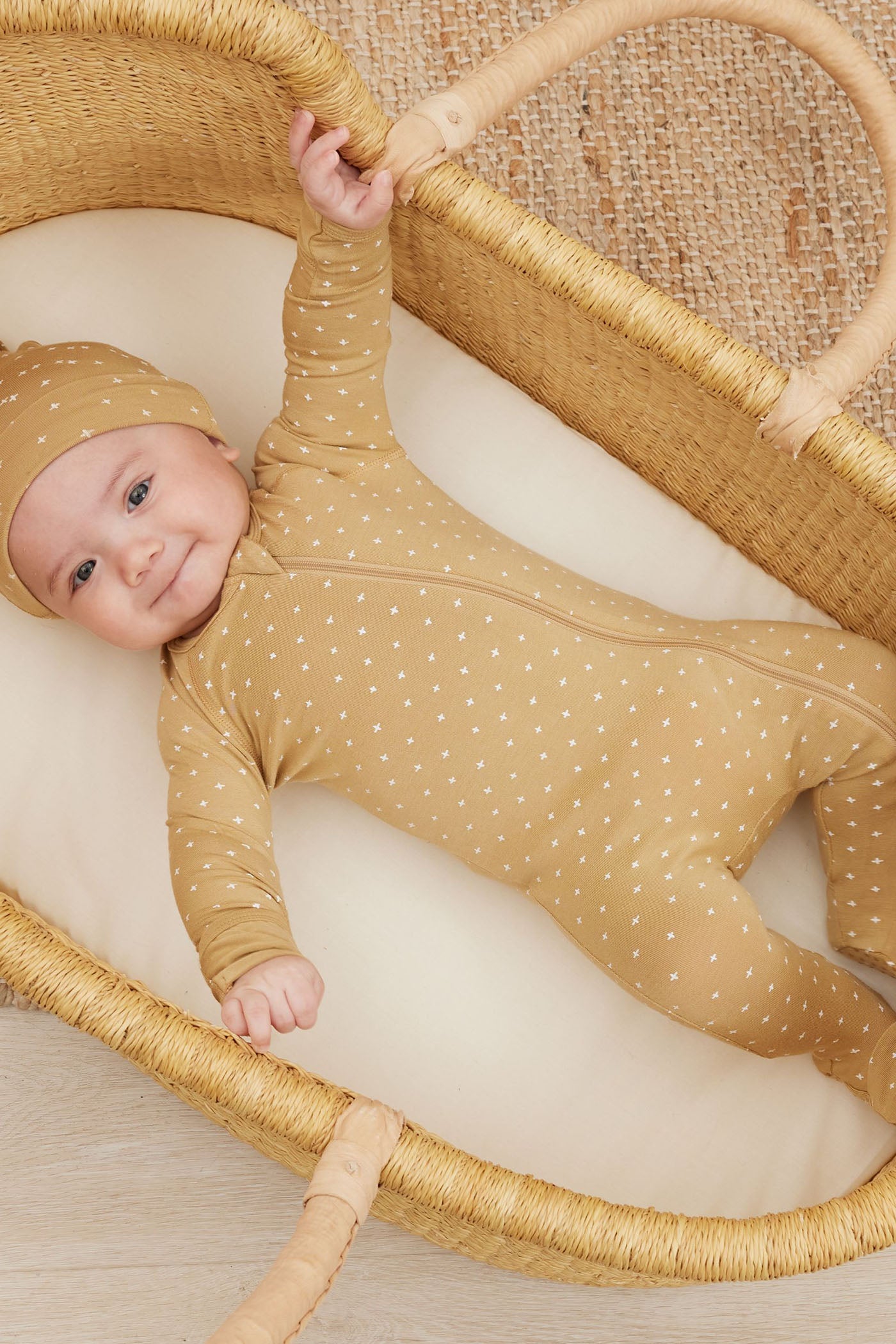 honey plus print Bamboo Zip Footie by Quincy Mae