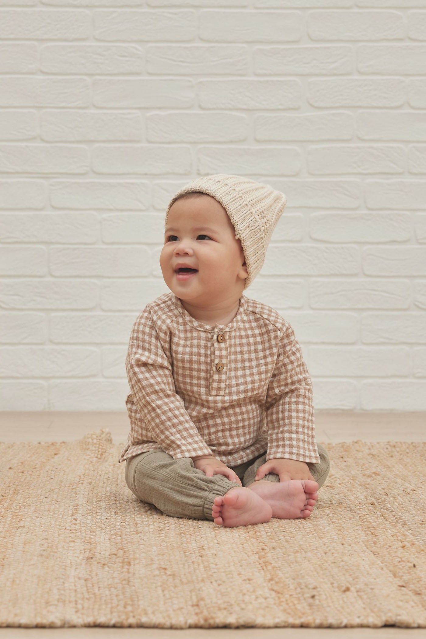 cocoa gingham henley top by quincy mae