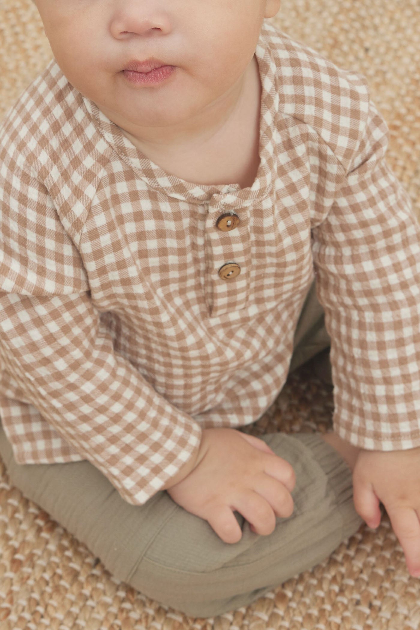 cocoa gingham henley top by quincy mae