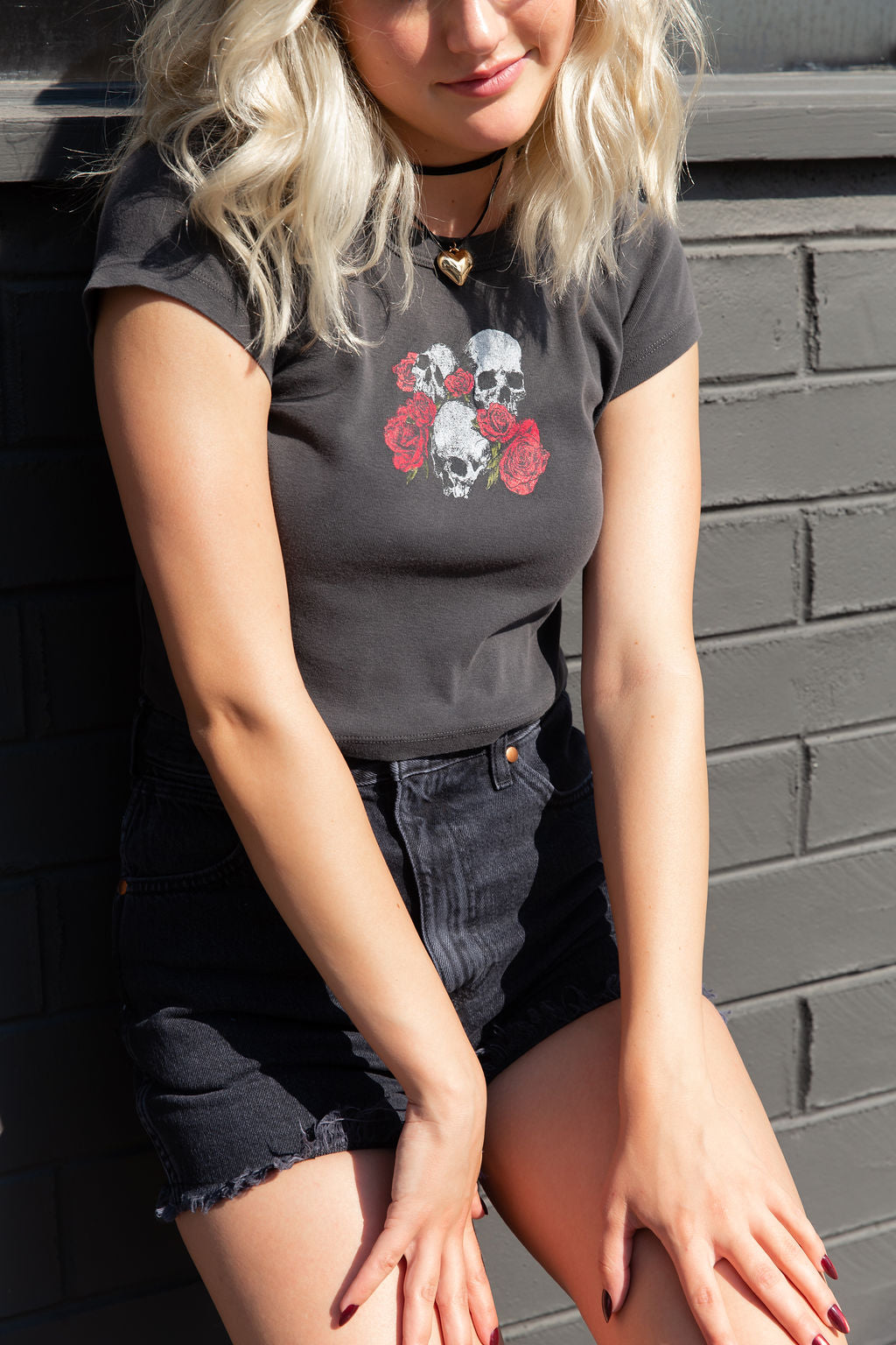 Skull &amp; Roses Graphic Baby Crop Tee