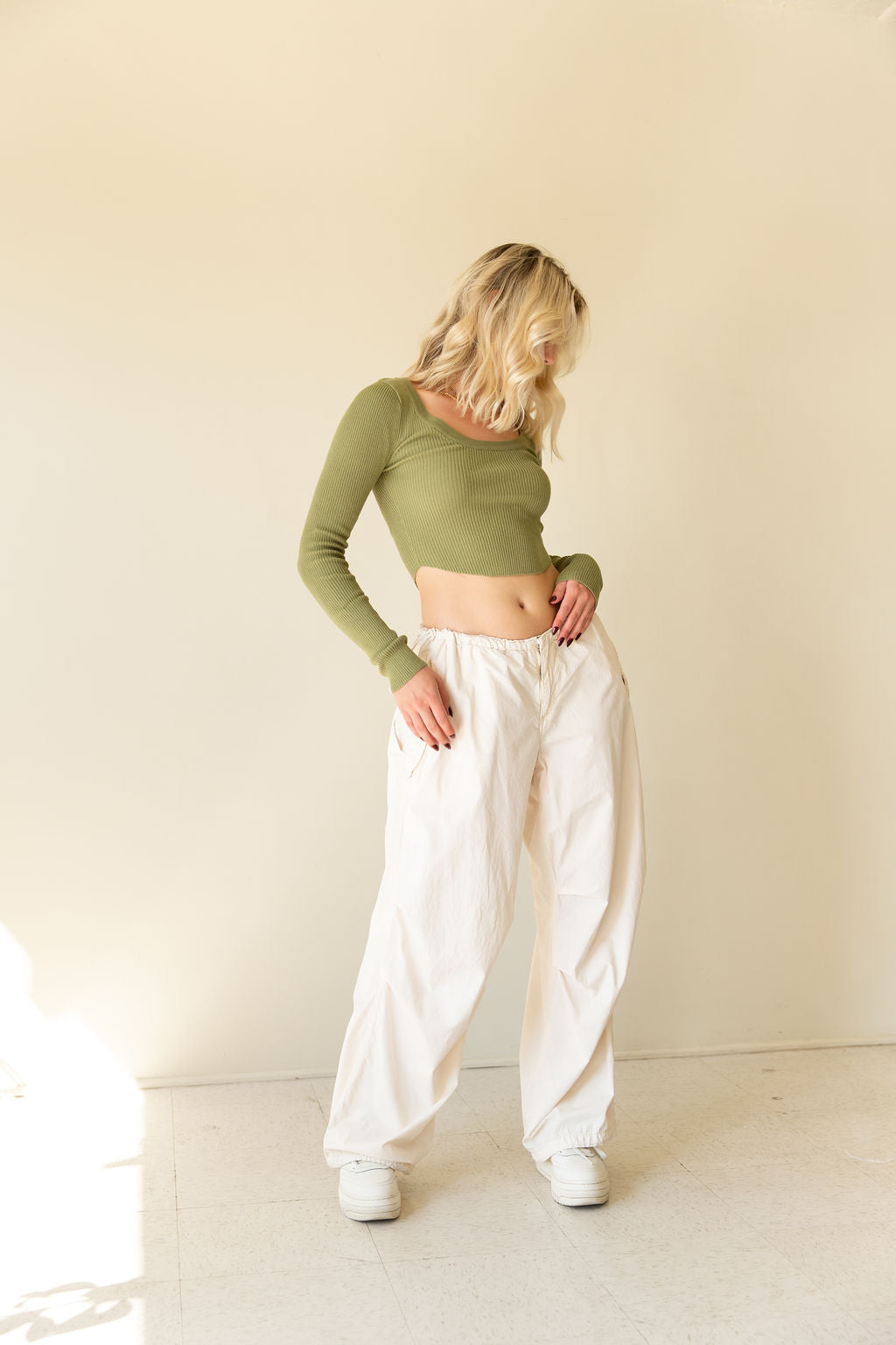 Olive Knit Crop Long Sleeve Top