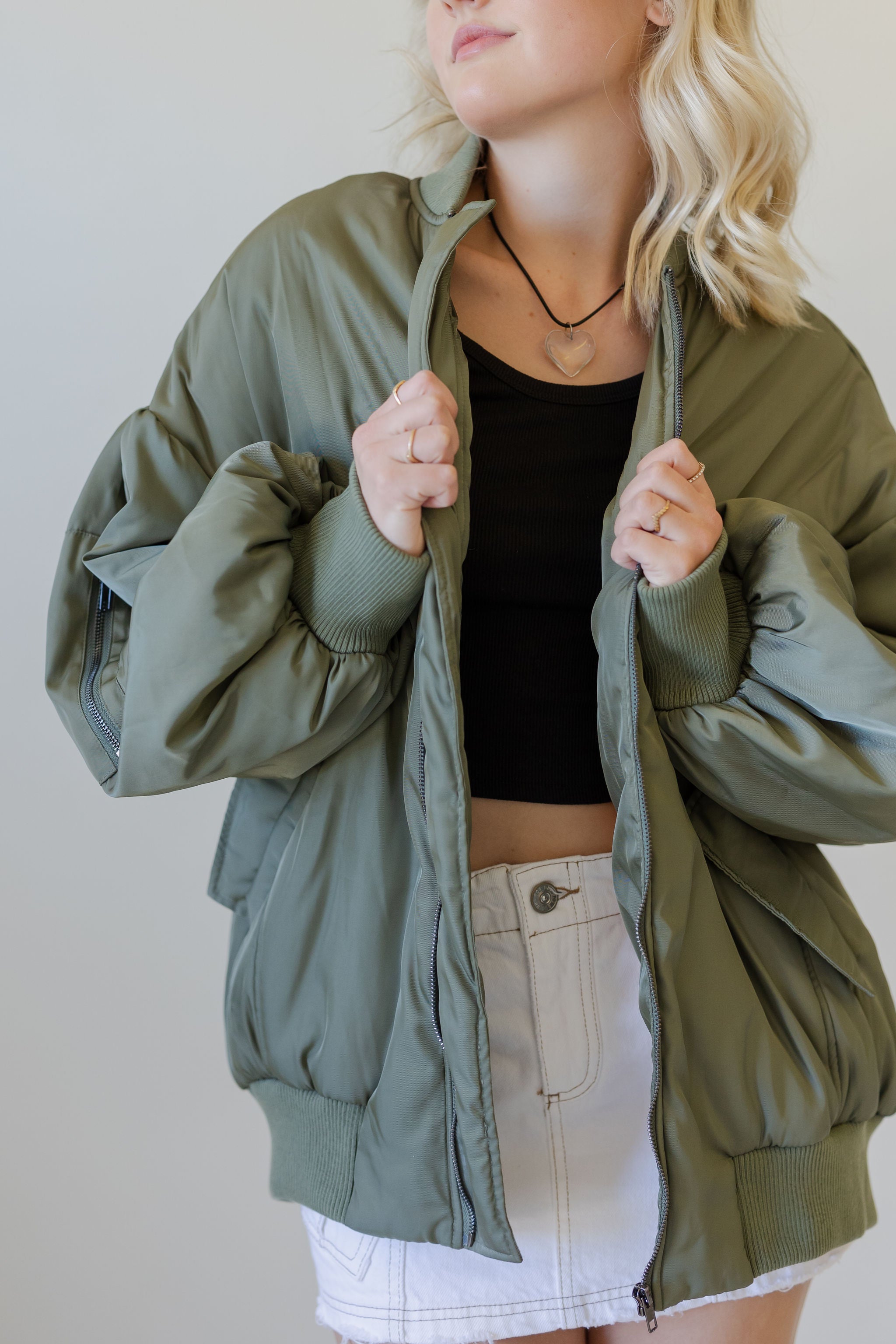 Women Olive PU Bomber Jacket