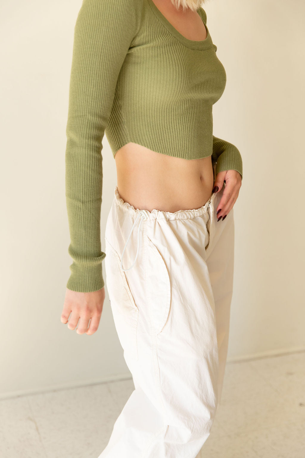 Olive Knit Crop Long Sleeve Top