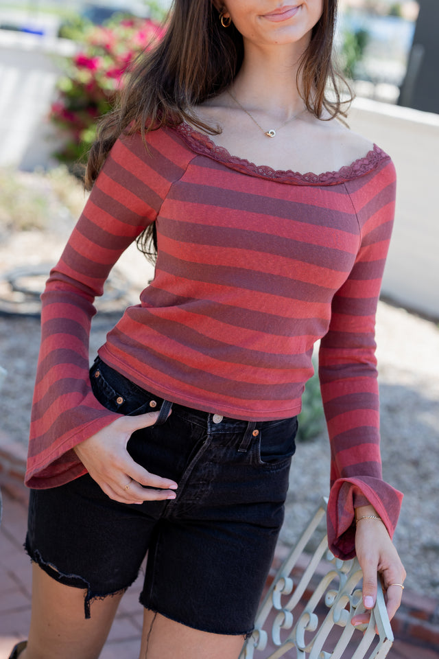 Lace Trim Striped Bell Sleeve Top