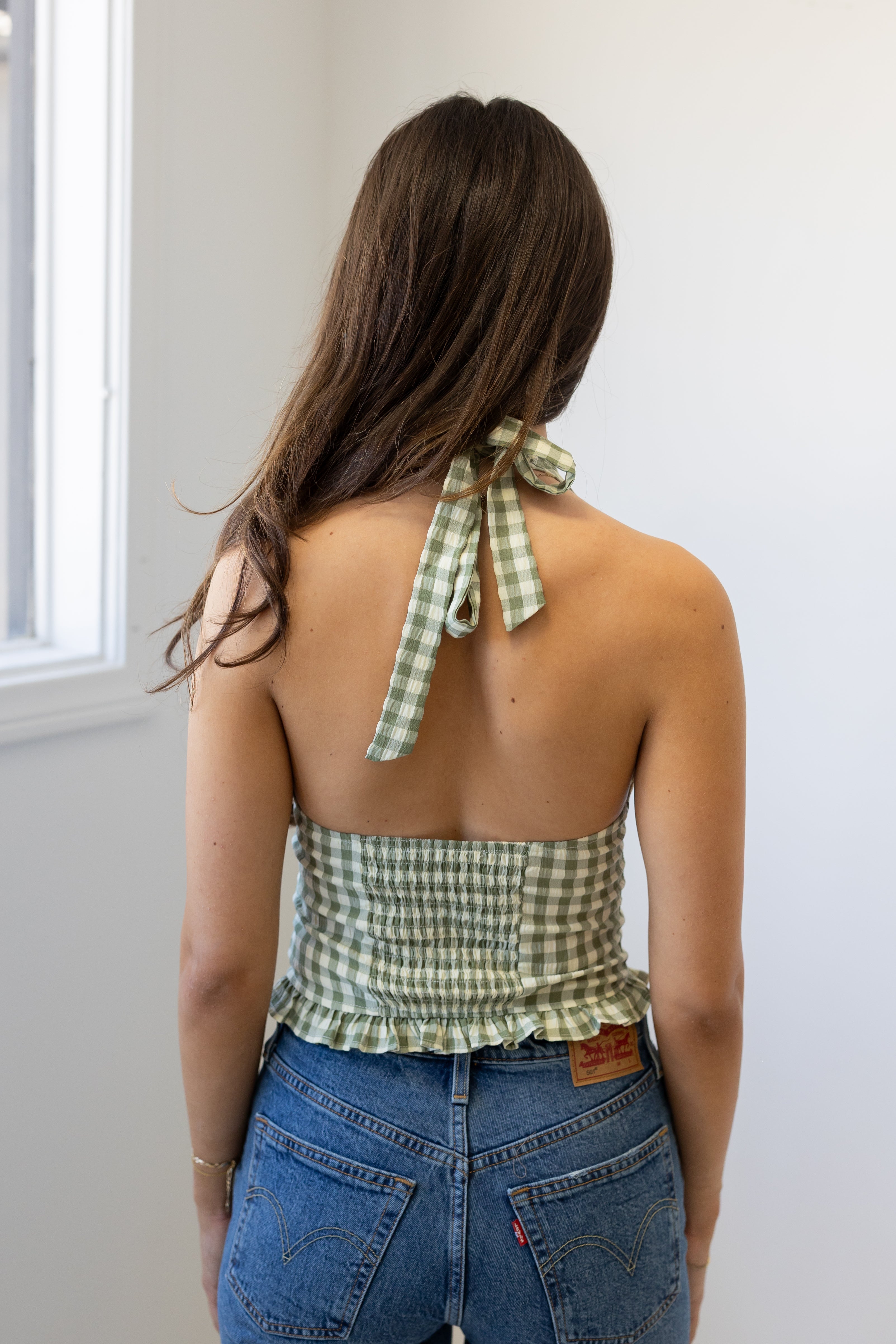 Gingham Halter Button Top