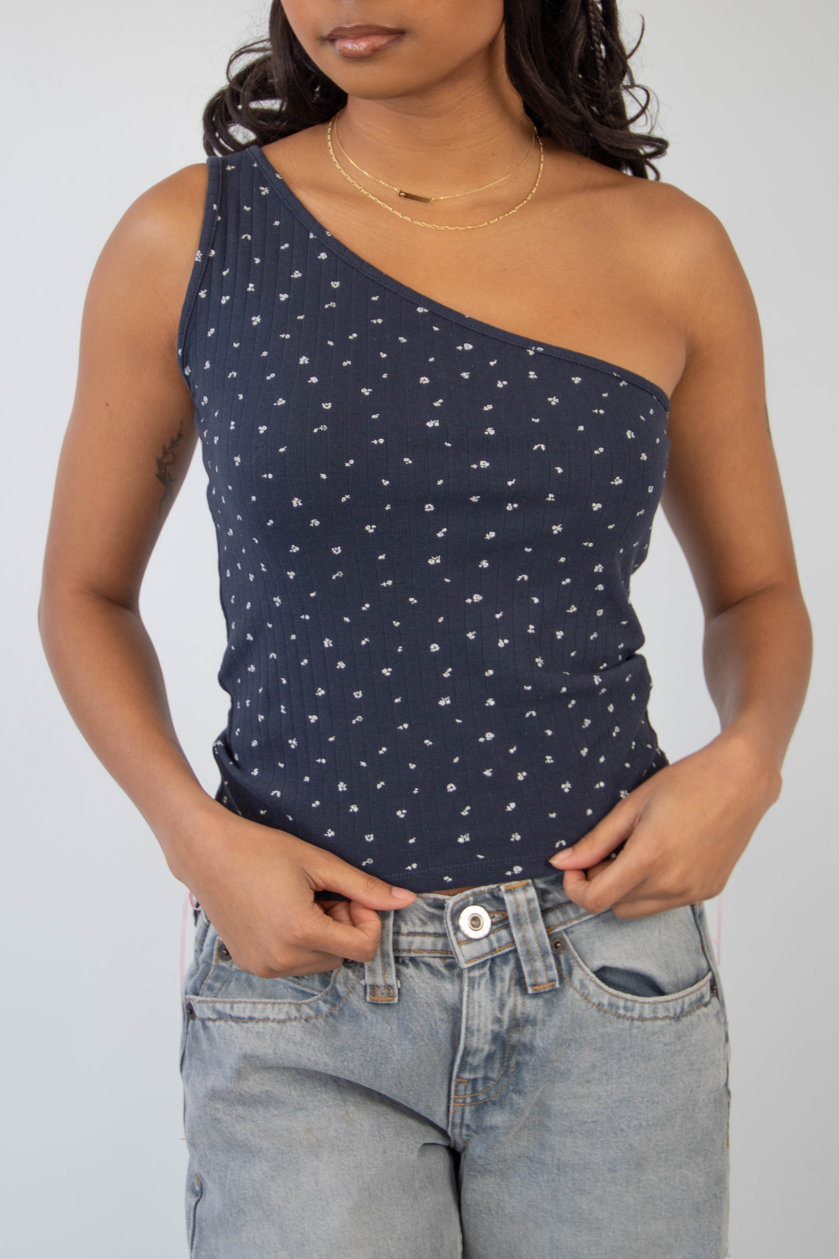 Ditsy Pointelle One Shoulder Top