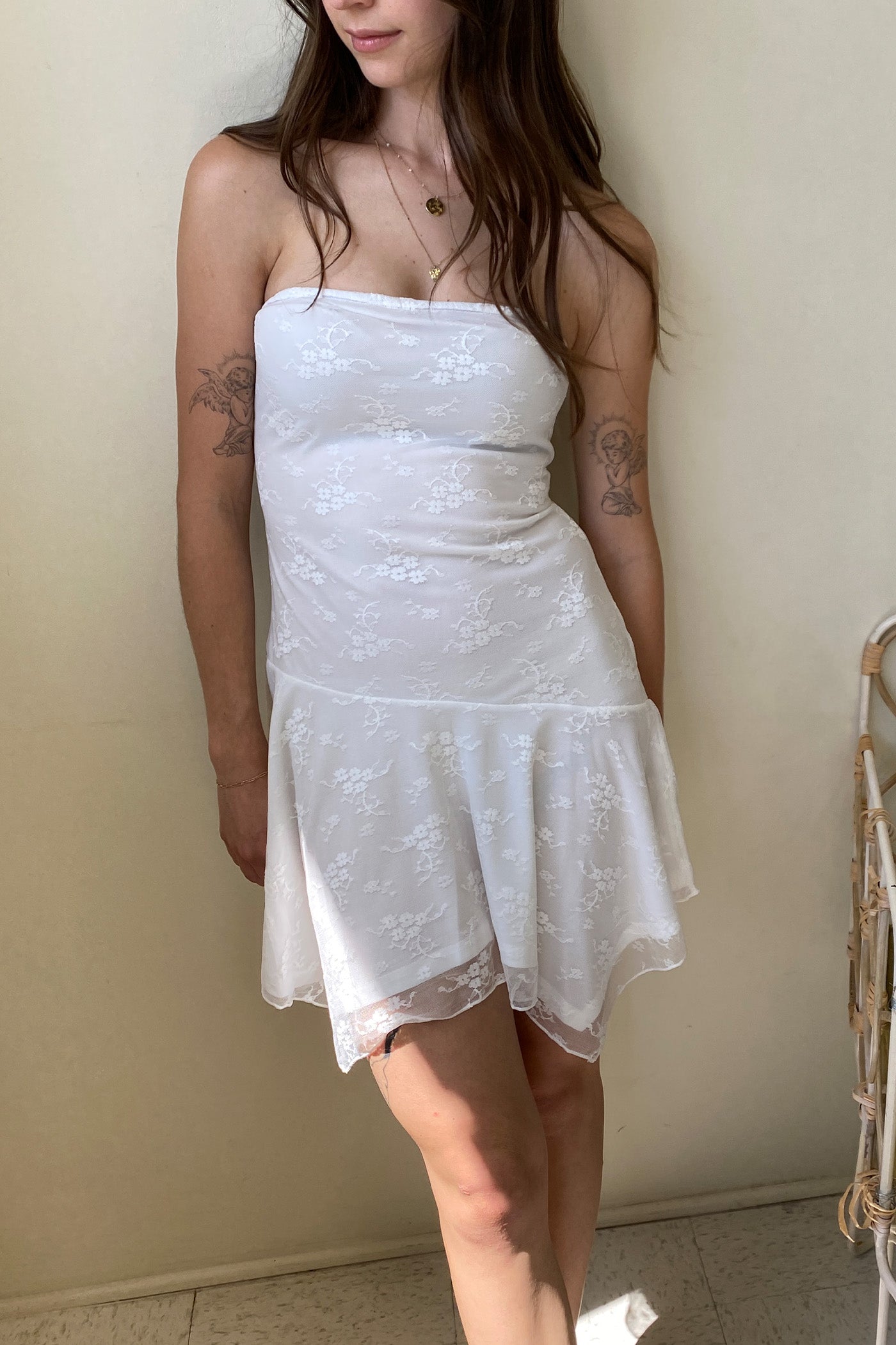 White Floral Mesh Strapless Mini Dress